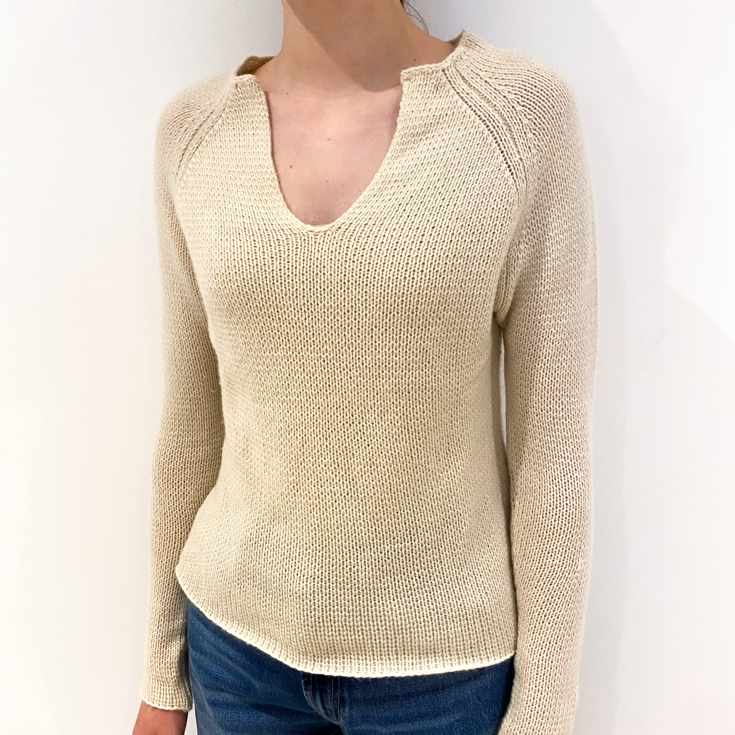 Oatmeal Beige Chunky Notch Neck Cashmere V-Neck Jumper Extra Small