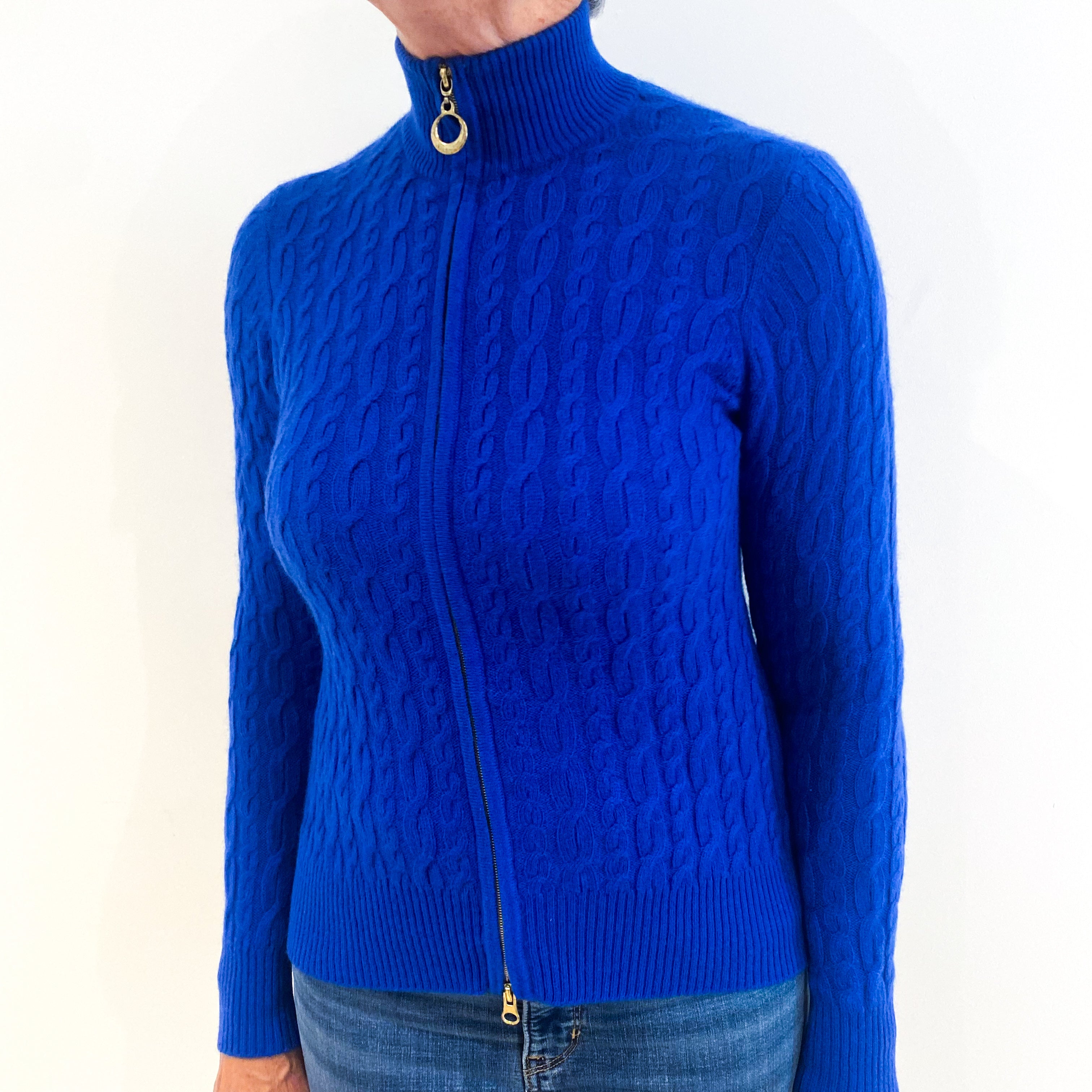 Cobalt Blue Cable Knit Cashmere Zip Up Polo Neck Cardigan Medium