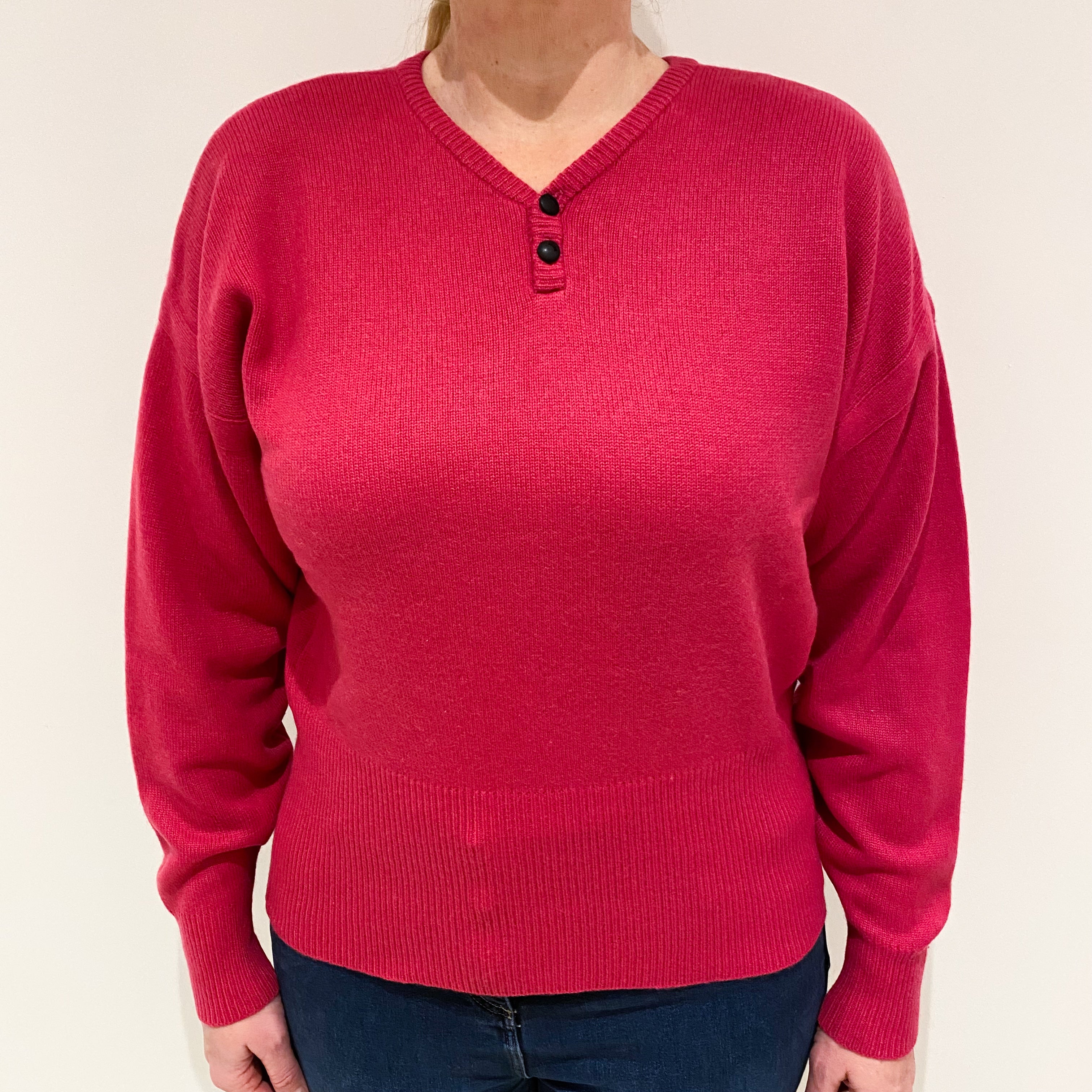 Fuchsia Pink Cashmere Button V-Neck Jumper Large