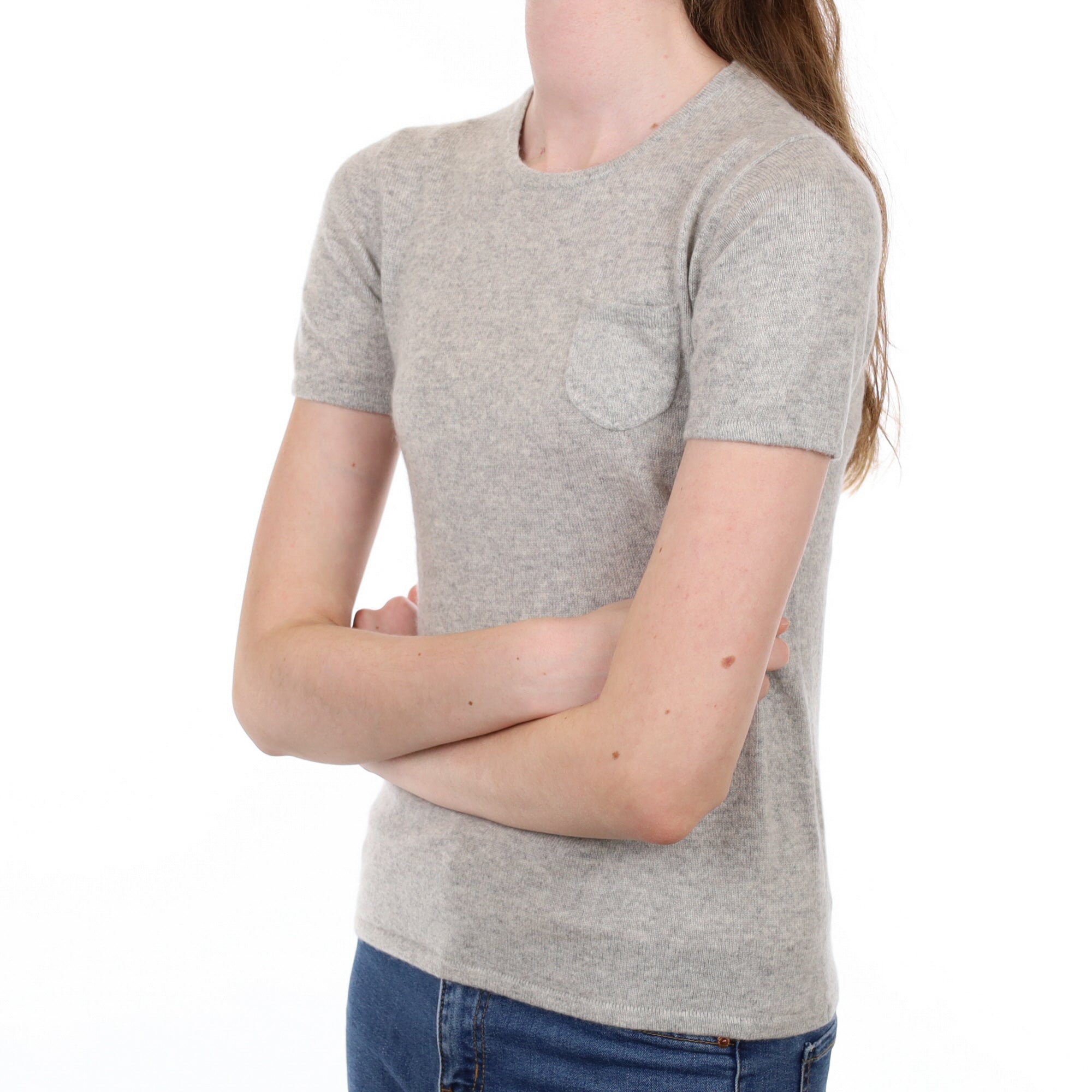 Mist Grey Cashmere Crew Neck Short Sleeved Jumper Extra Small