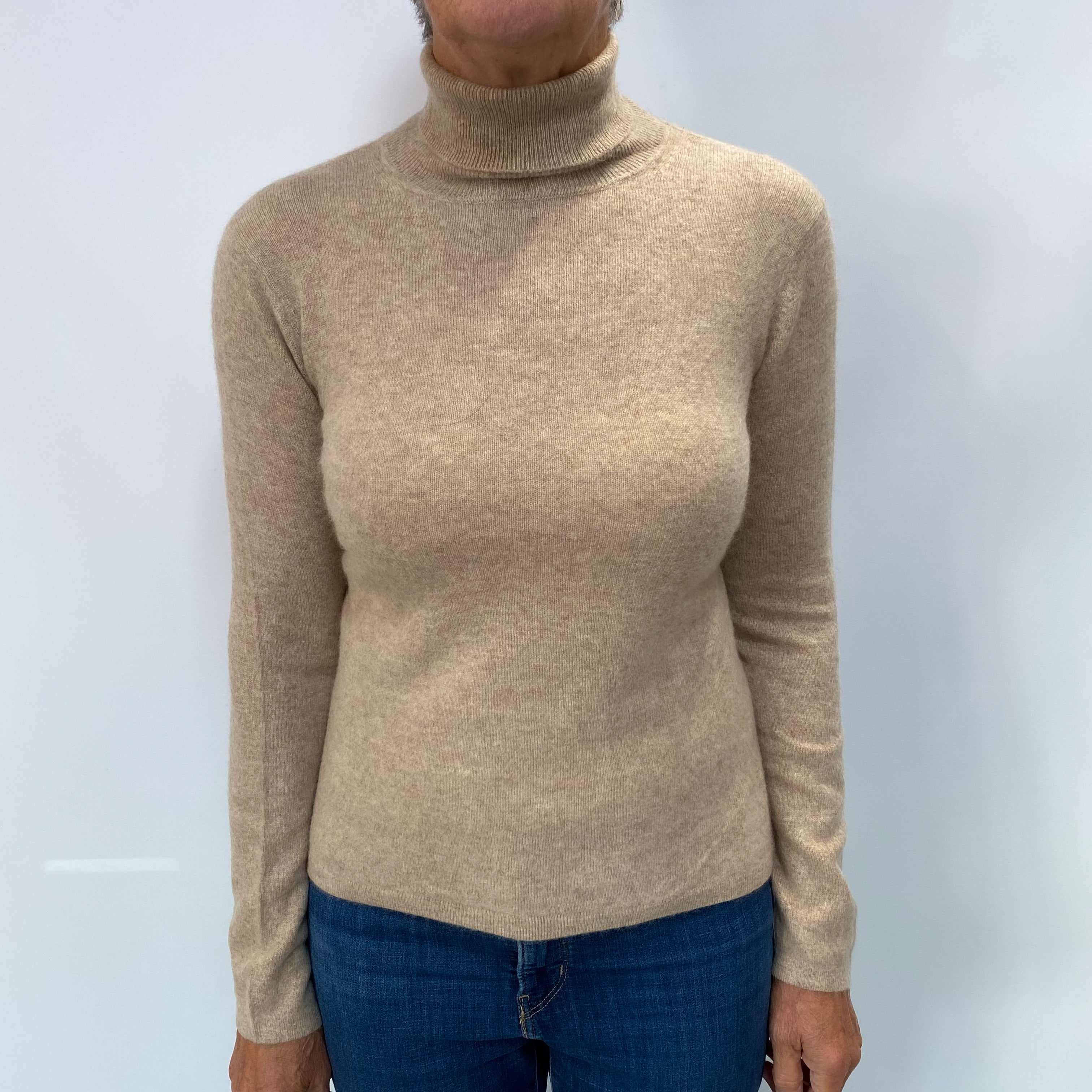 Biscuit Brown Cashmere Polo Neck Jumper Medium