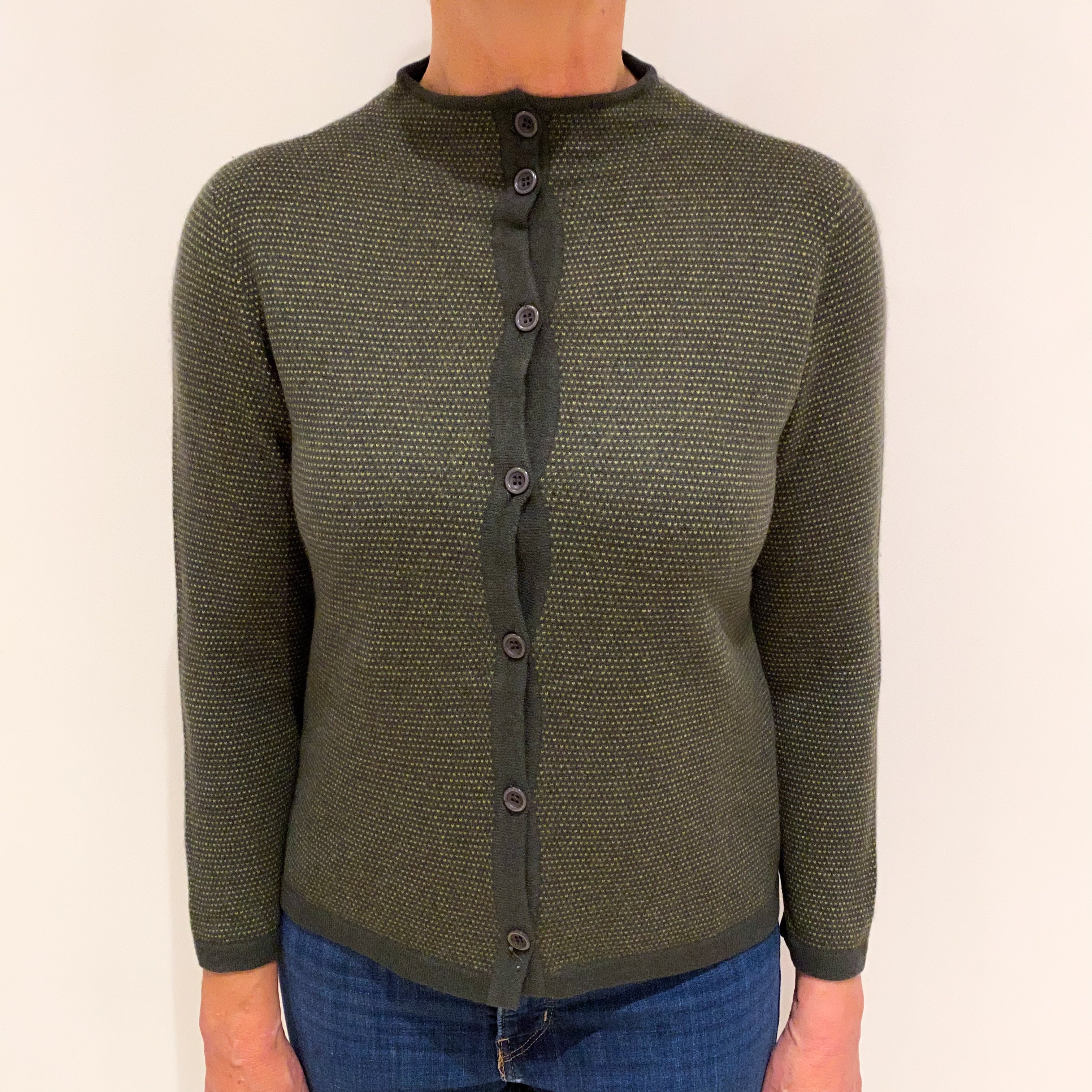 Pistachio and Deep Khaki Green Cashmere Turtle Neck Cardigan Medium