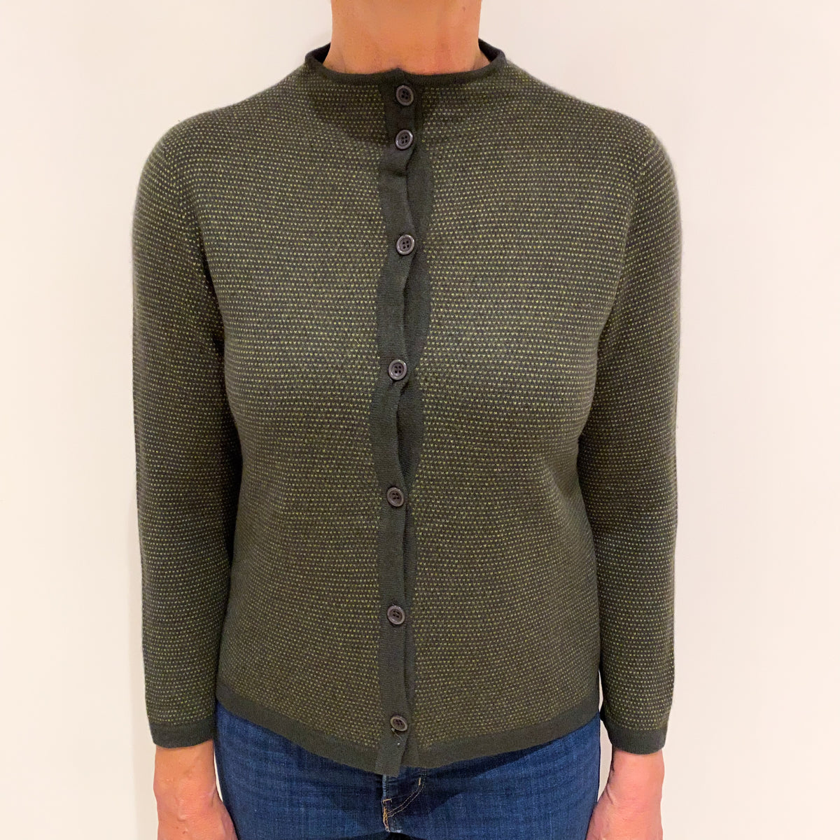 Pistachio and Deep Khaki Green Cashmere Turtle Neck Cardigan Medium