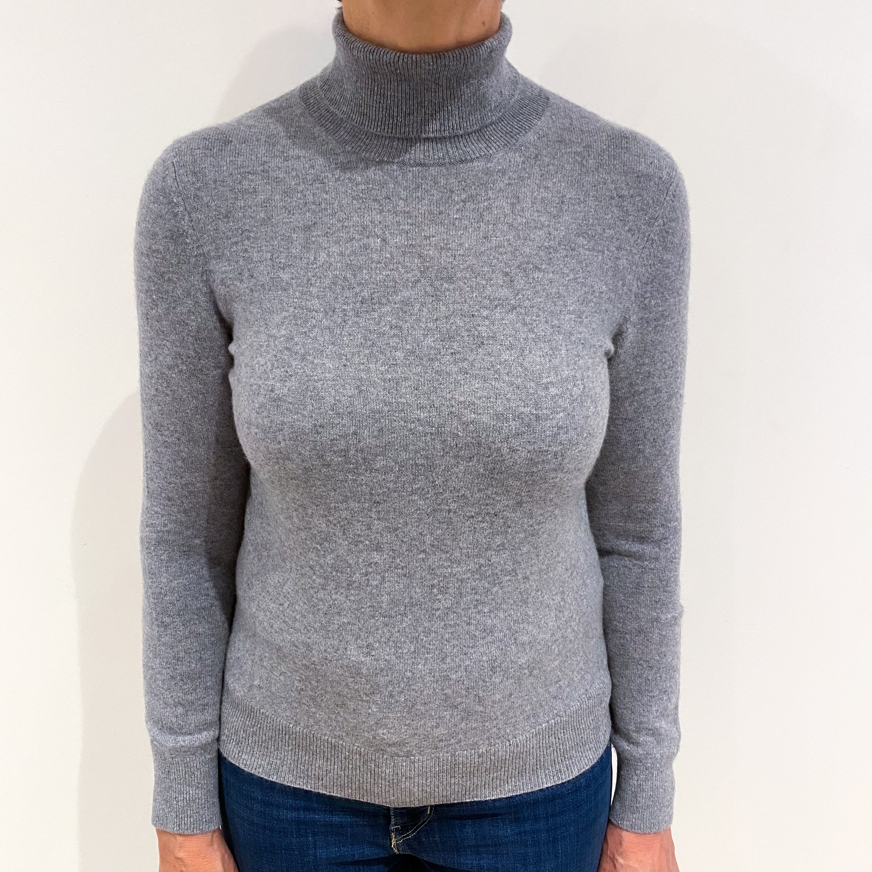 Ash Grey Cashmere Polo Neck Jumper Medium