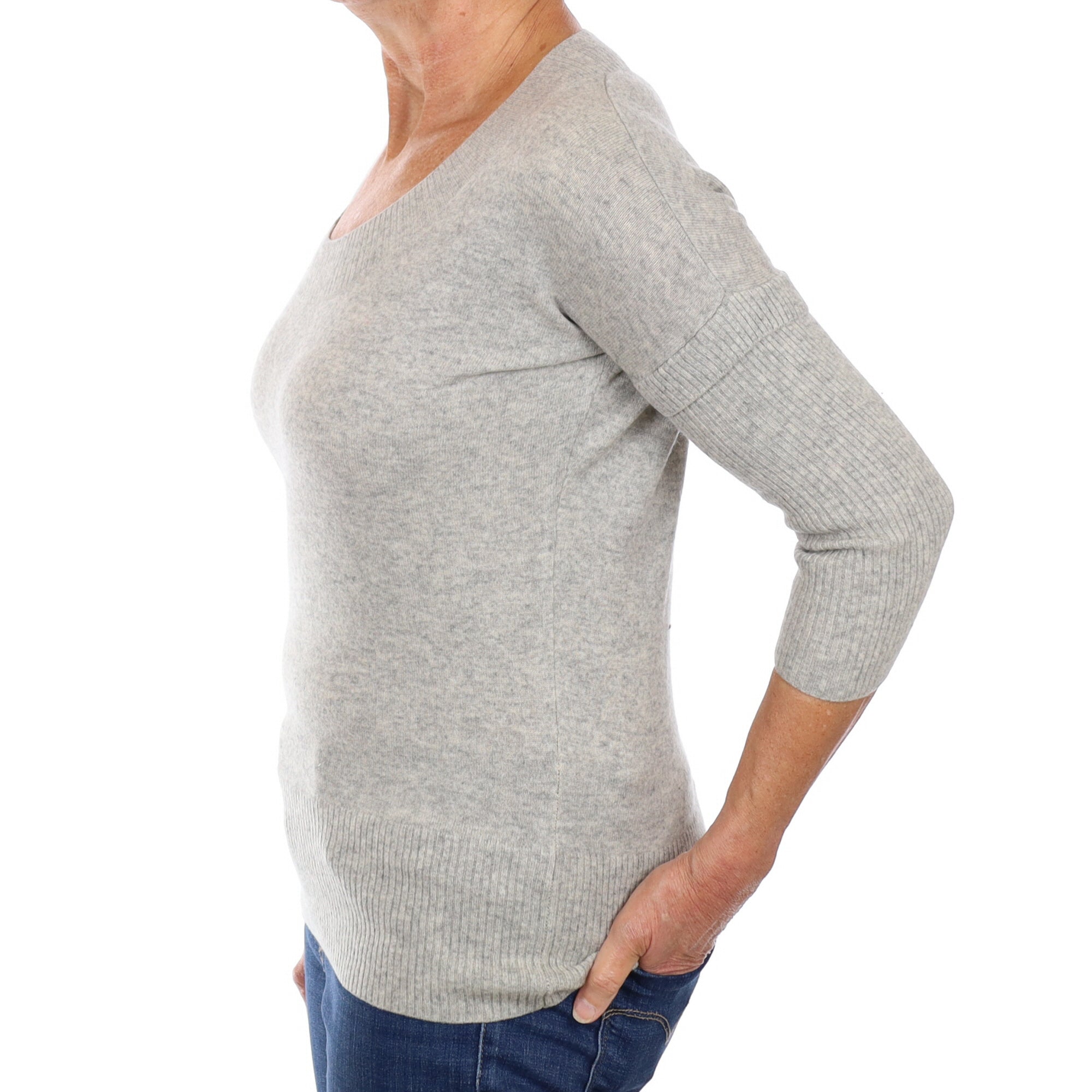 Smoke Grey Cashmere Feature Sleeve Scoop Neck Jumper Medium