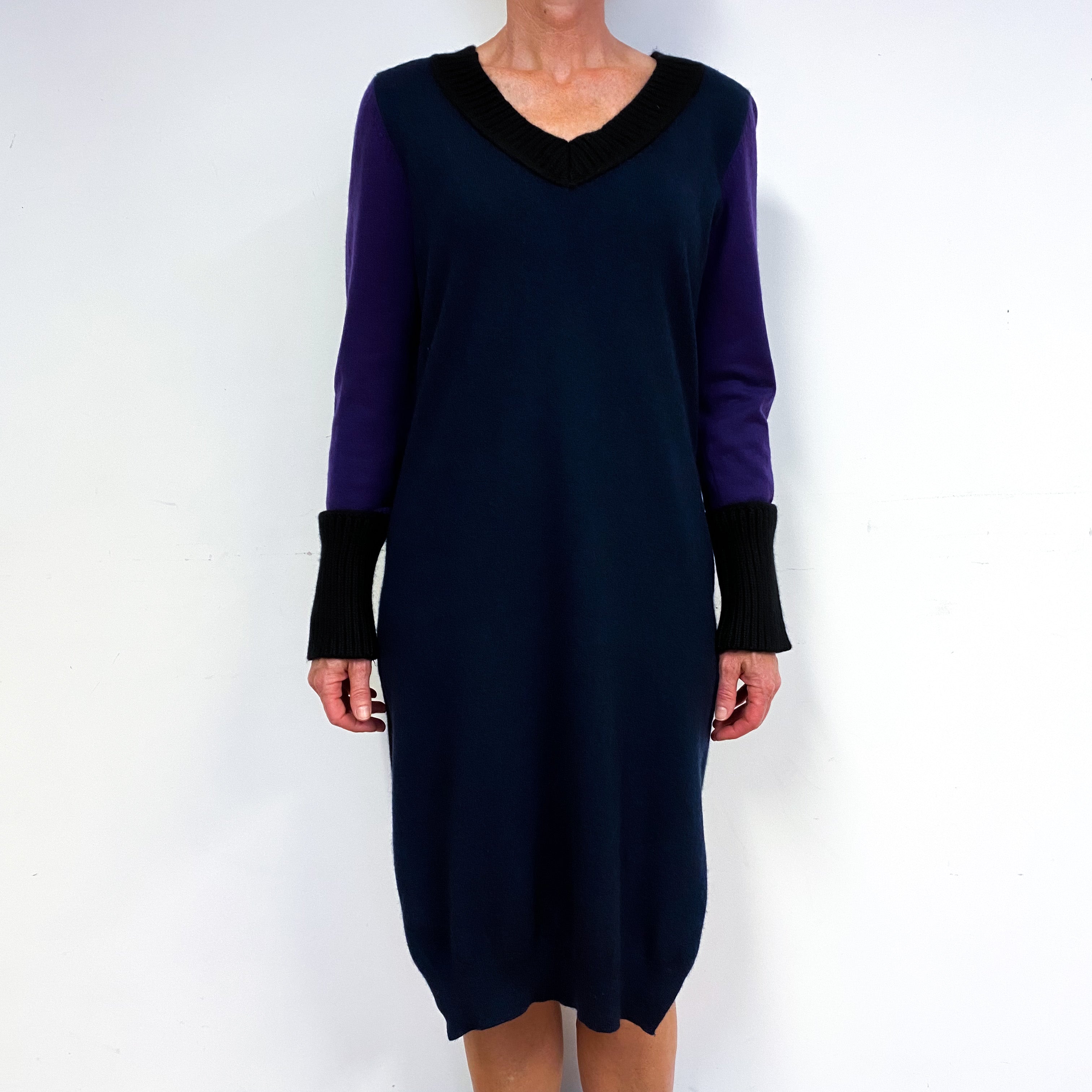 Navy Blue Designer Cashmere V-Neck Jumper Dress Medium