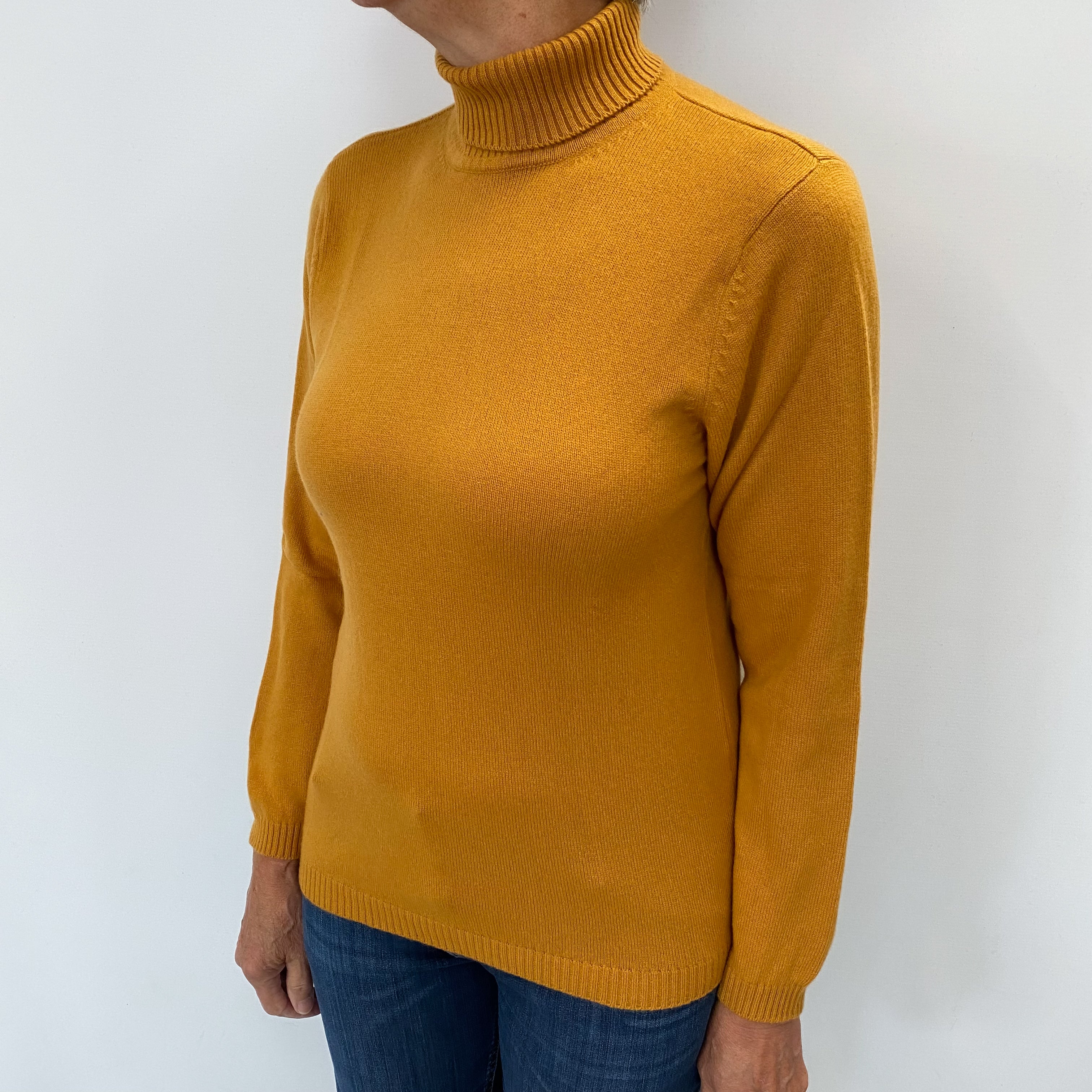 Flaxen Yellow Cashmere Polo Neck Jumper Medium