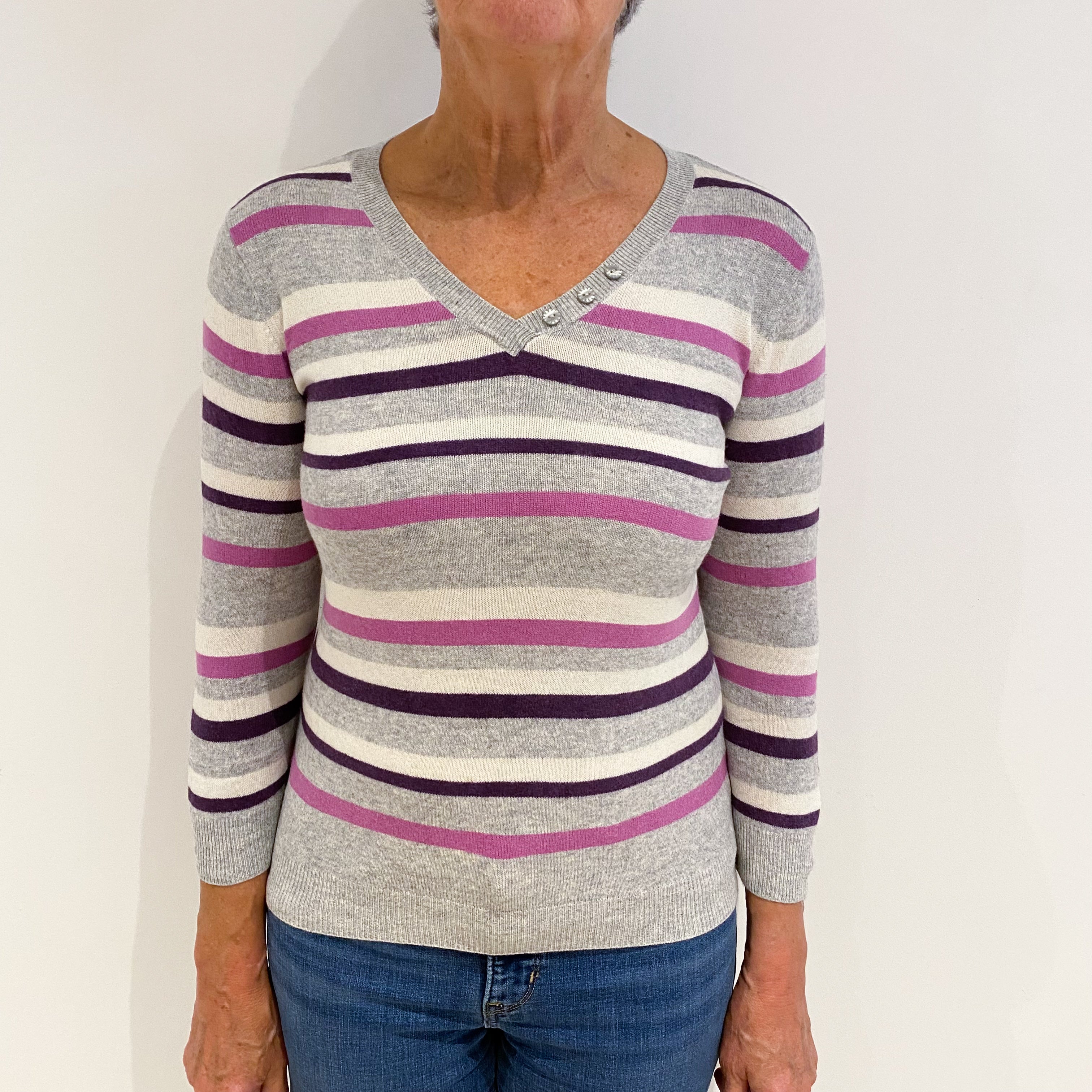 Grey Purple Stripe Cashmere V-Neck Jumper Medium