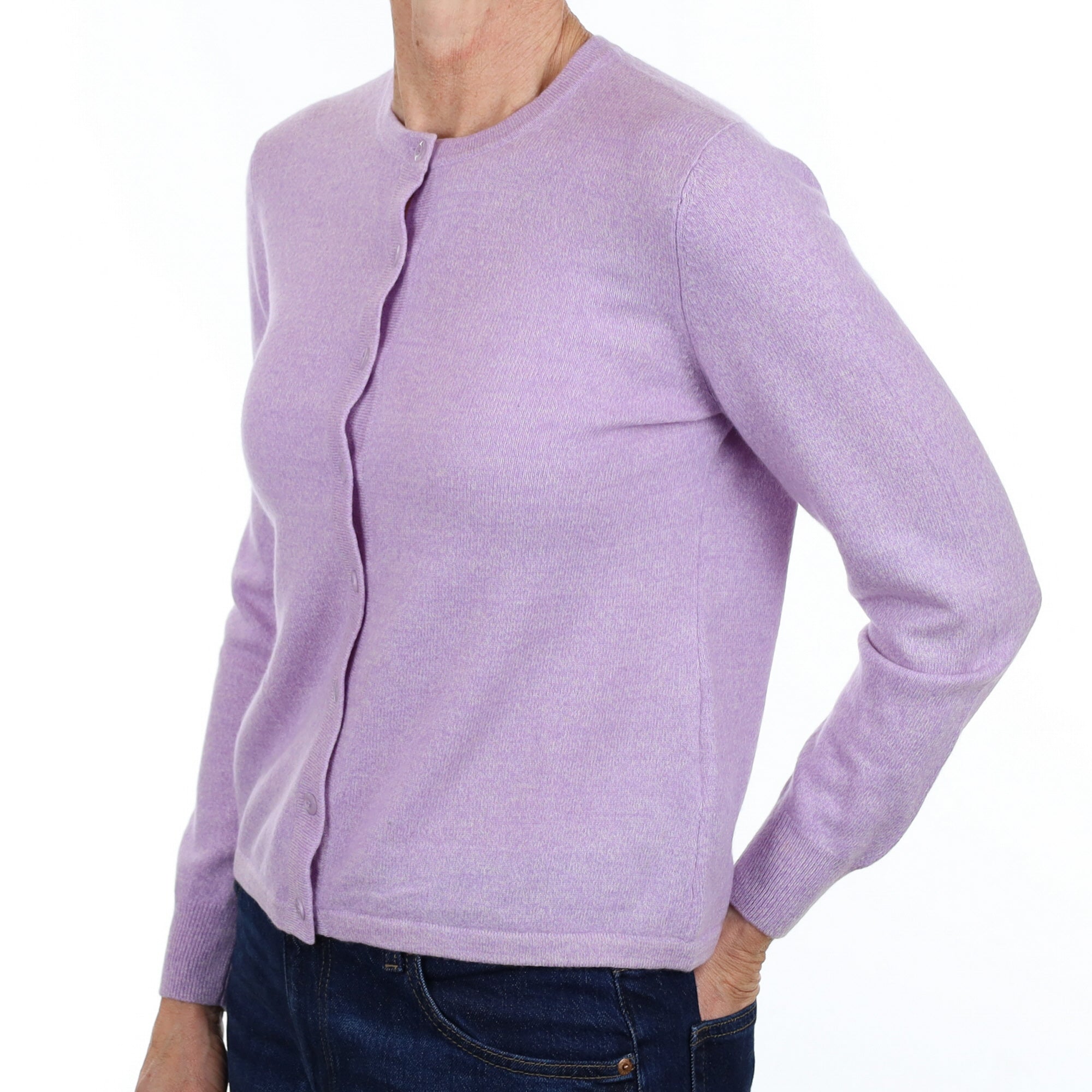 Lavender Purple Marl Cashmere Crew Neck Cardigan Small