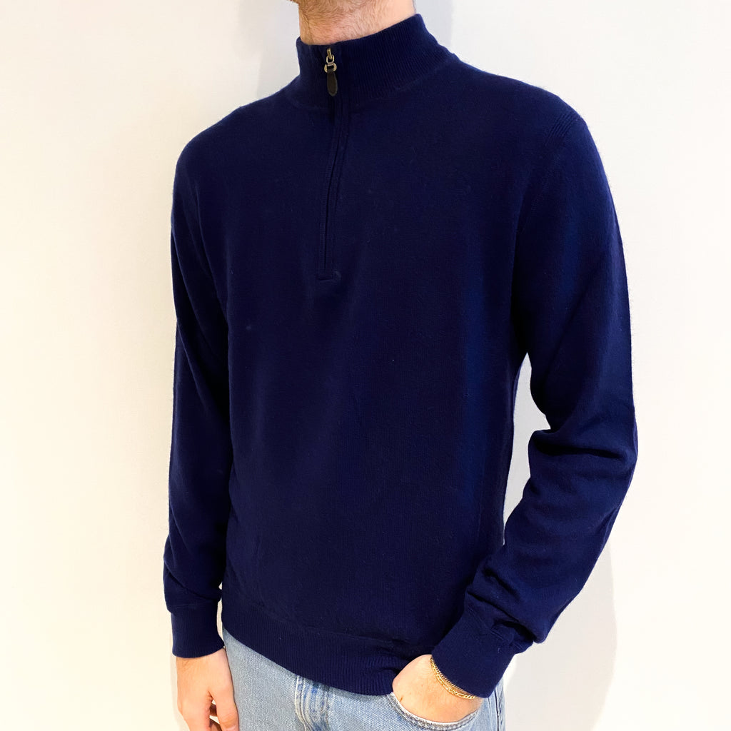 Men's Navy Blue Cashmere 3/4 Zip V Neck Jumper Large