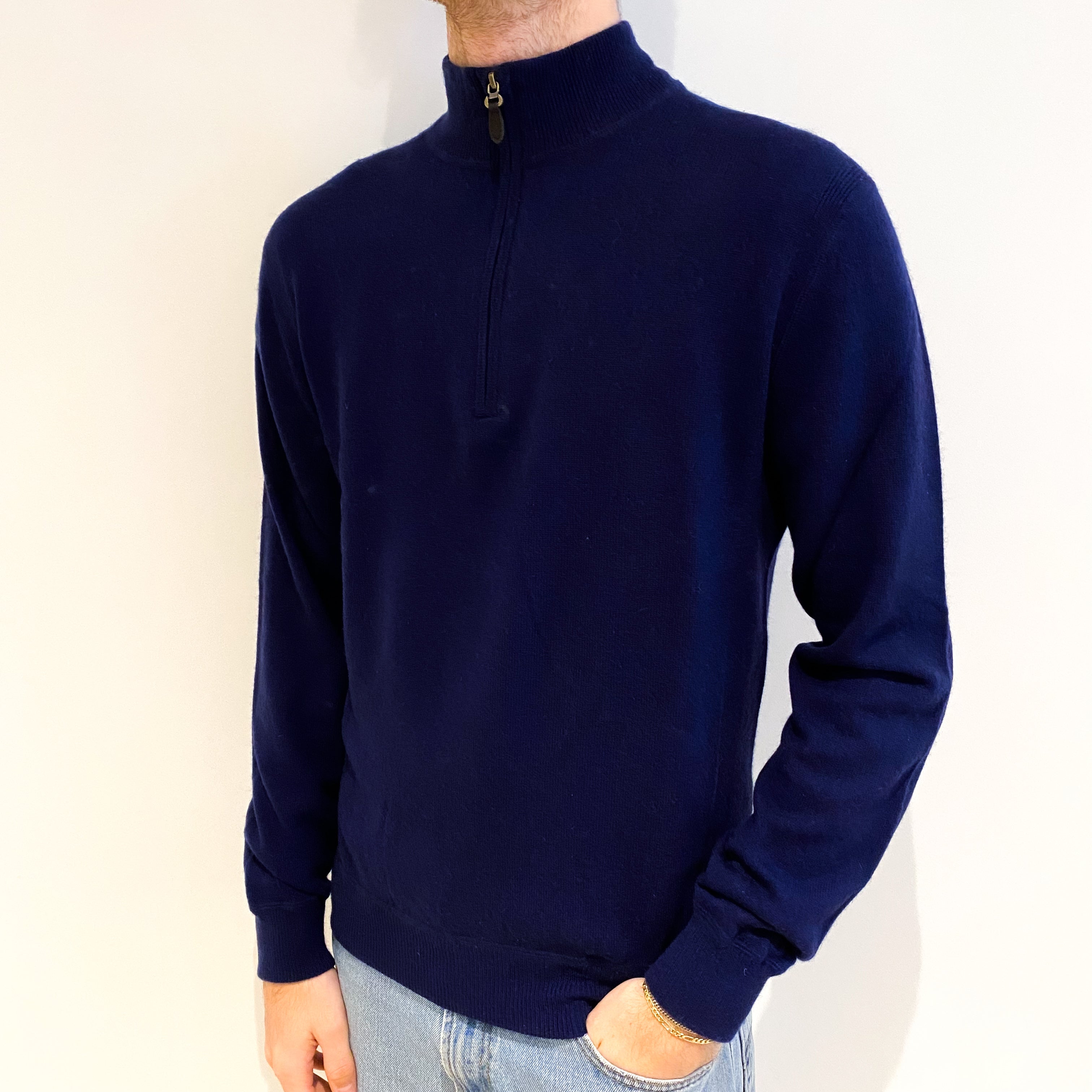 Men's Navy Blue Cashmere 3/4 Zip V Neck Jumper Large