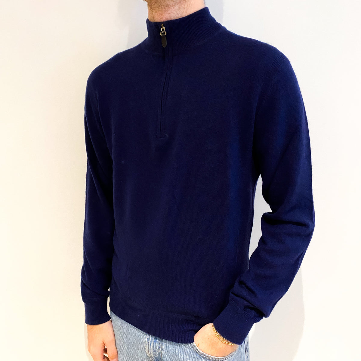 Men's Navy Blue Cashmere 3/4 Zip V Neck Jumper Large