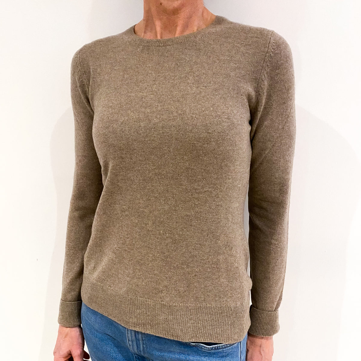 Taupe Brown Cashmere Crew Neck Jumper Small