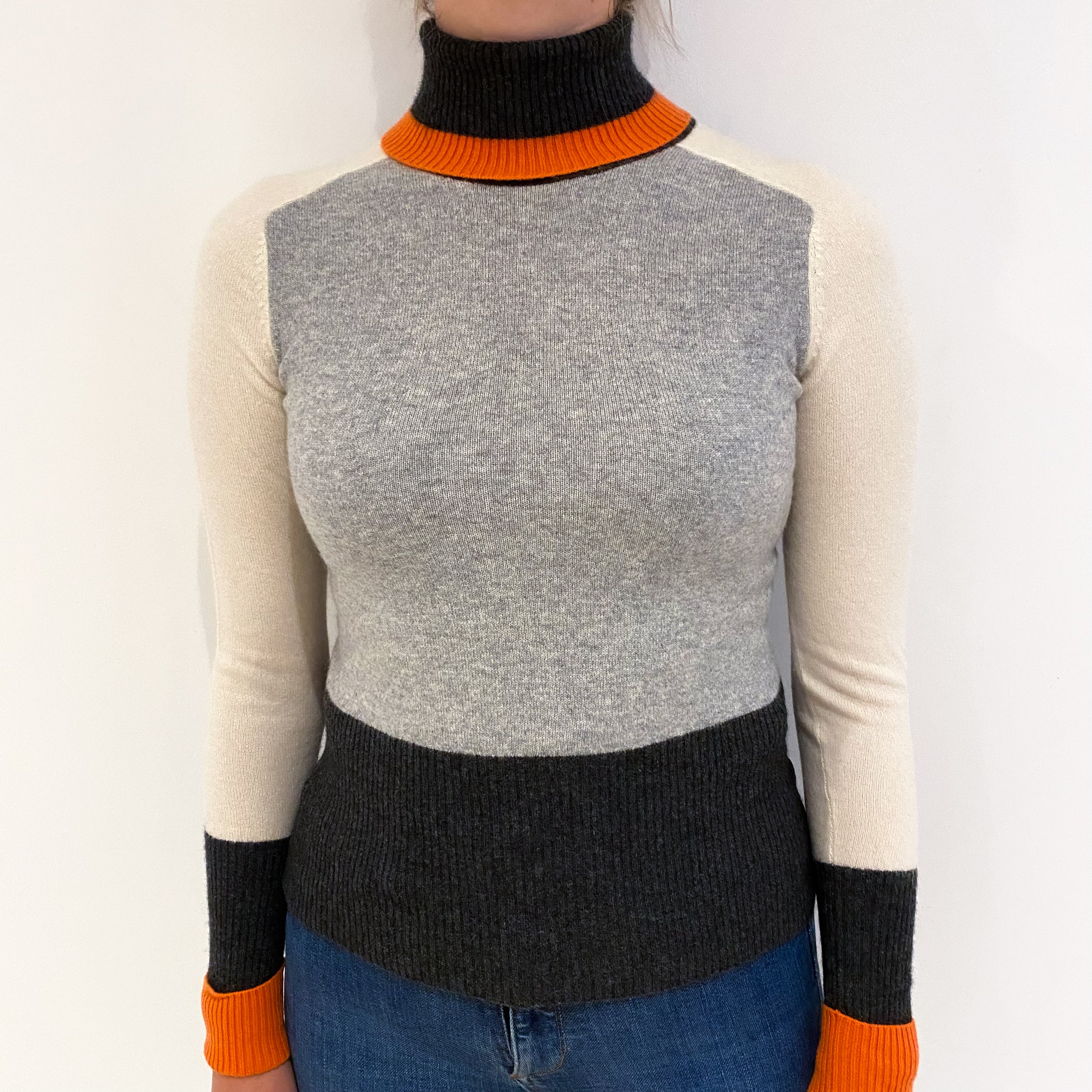 Grey Cream and Orange Cashmere Polo Neck Jumper Small