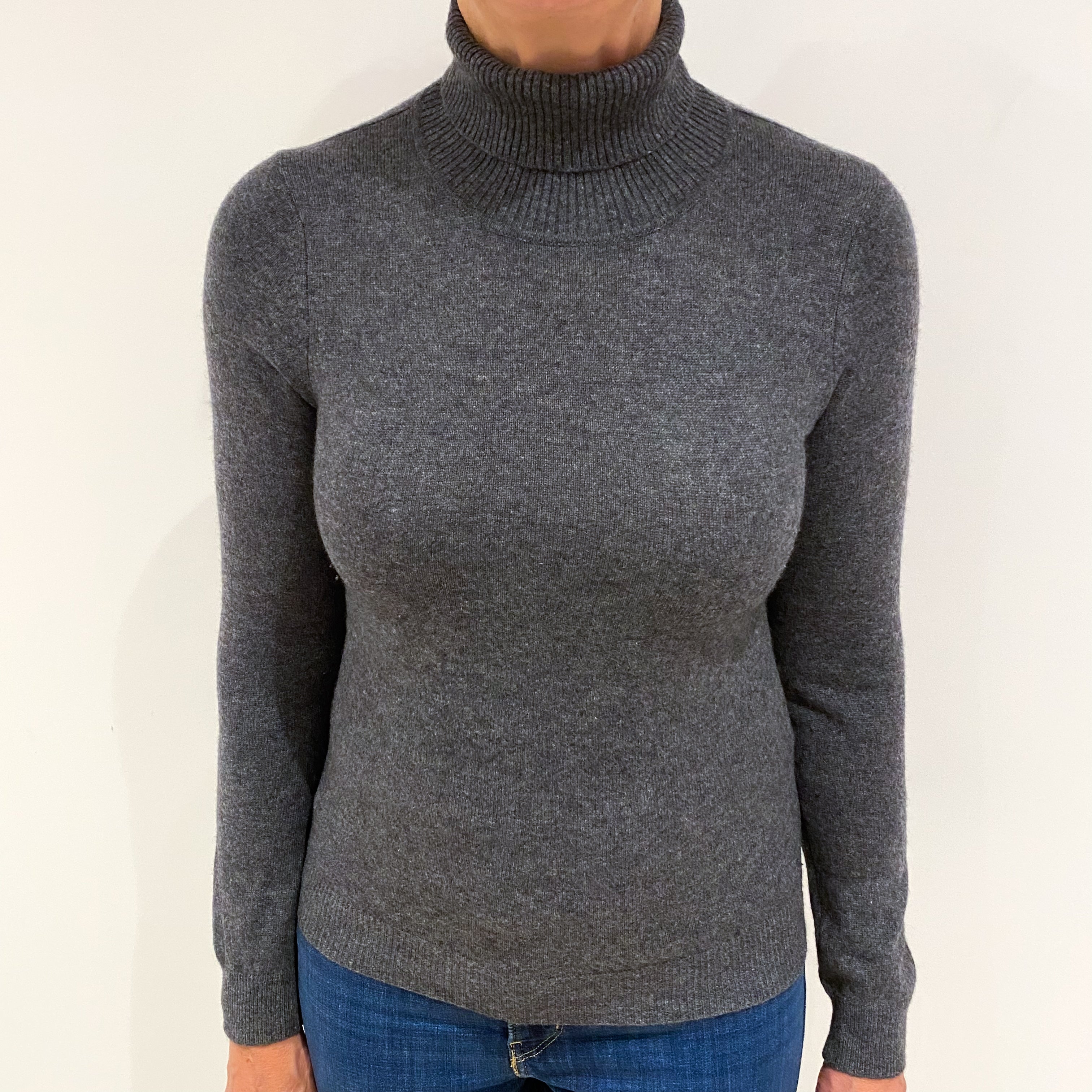 Slate Grey Cashmere Polo Neck Jumper Medium