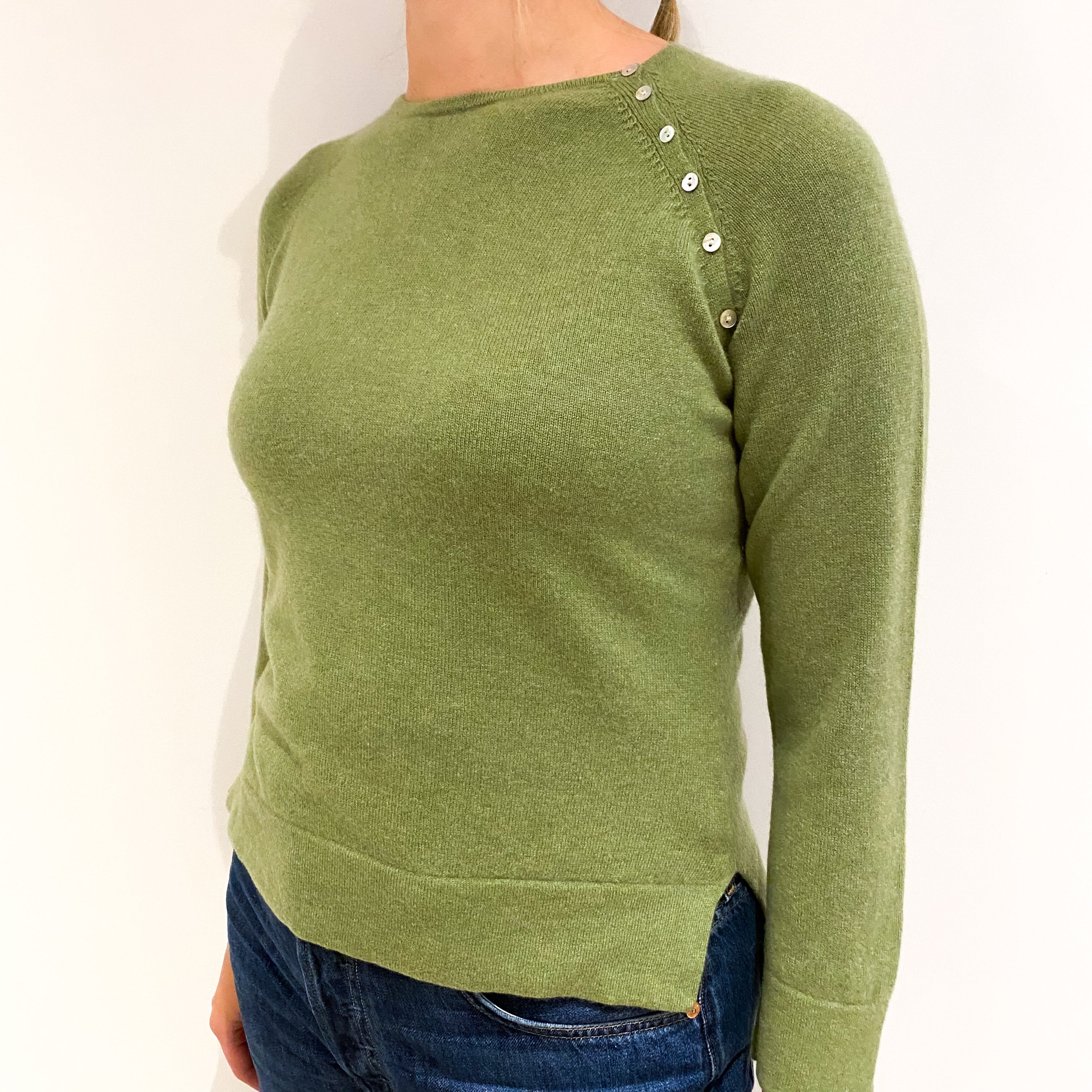 Pear Green Cashmere Buttoned Crew Neck Jumper Small