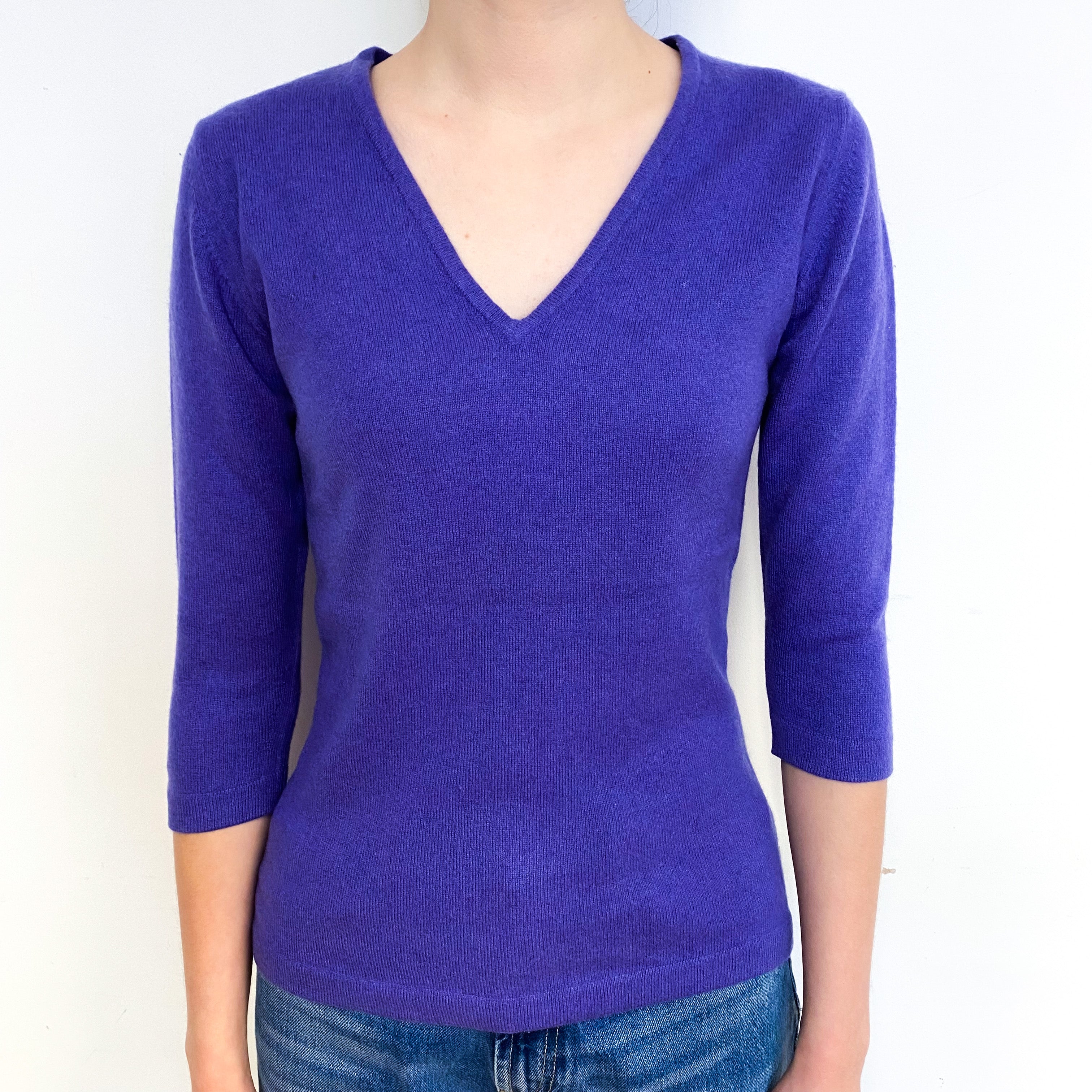 Pansy Purple 3/4 Sleeve Cashmere V-Neck Jumper Extra Small