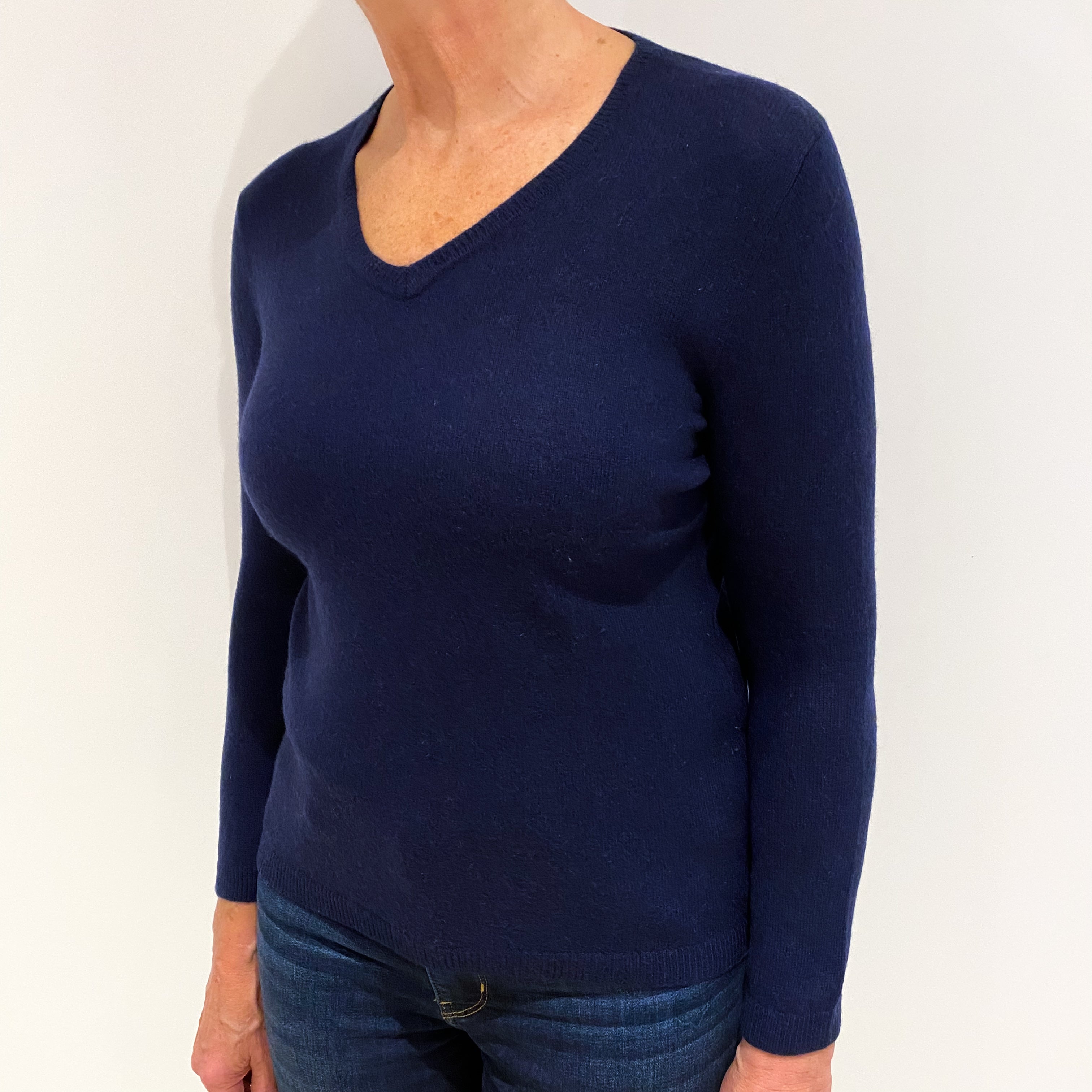 Navy Blue Cashmere V Neck Jumper Medium