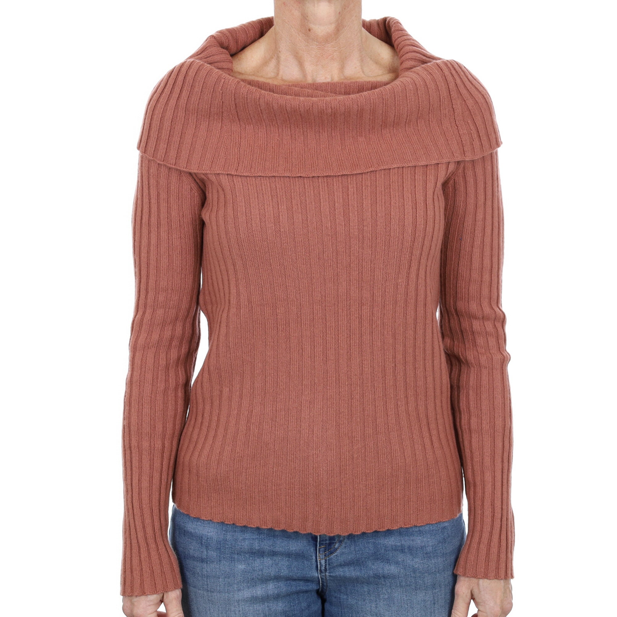 Theory Terracotta Pink Cashmere Cowl Neck Ribbed Knit Jumper Small