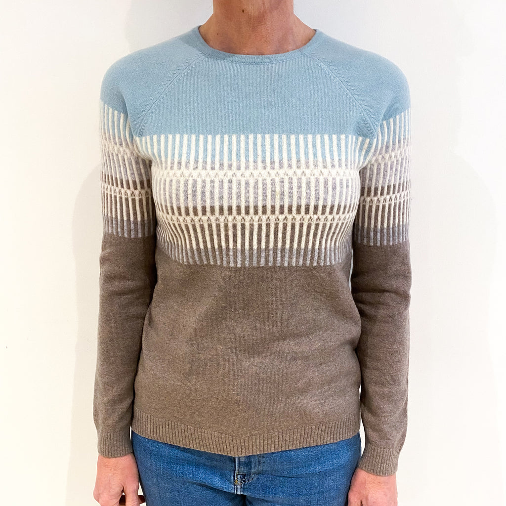 L.L Bean Duck Egg Blue And Mocha Patterned Cashmere Crew Neck Jumper Small