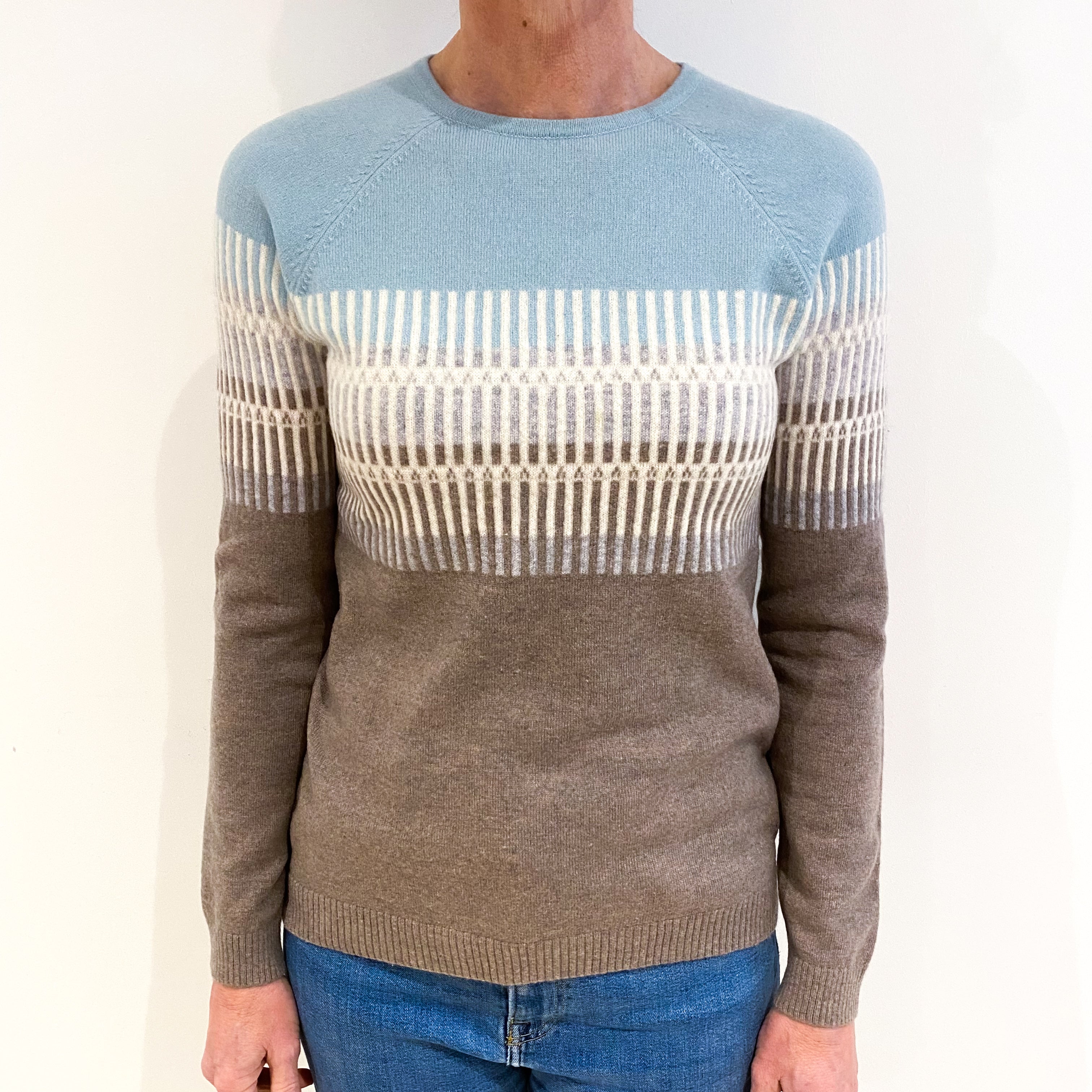 L.L Bean Duck Egg Blue And Mocha Patterned Cashmere Crew Neck Jumper Small