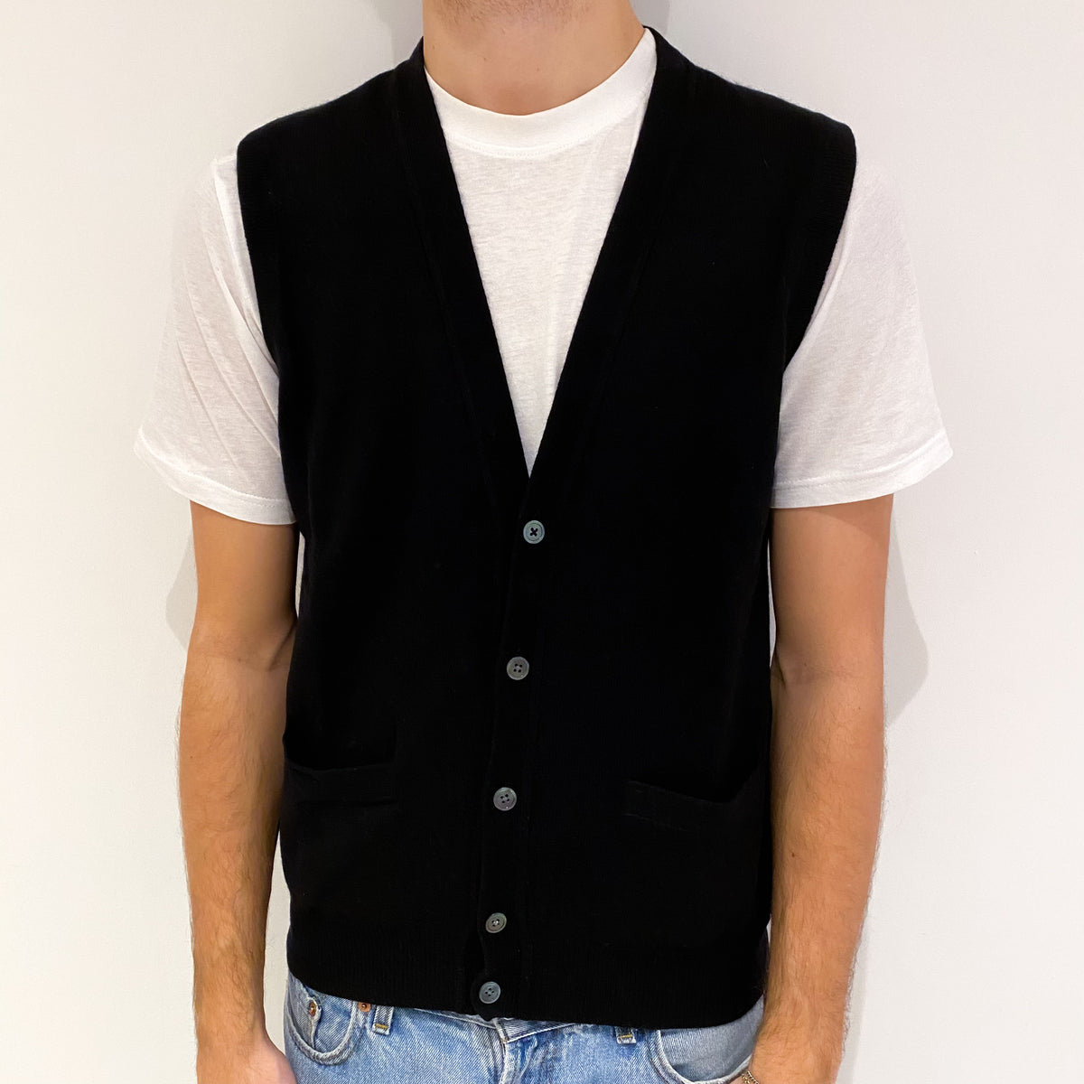 Men's Black Cashmere V Neck Gilet with Pockets Large