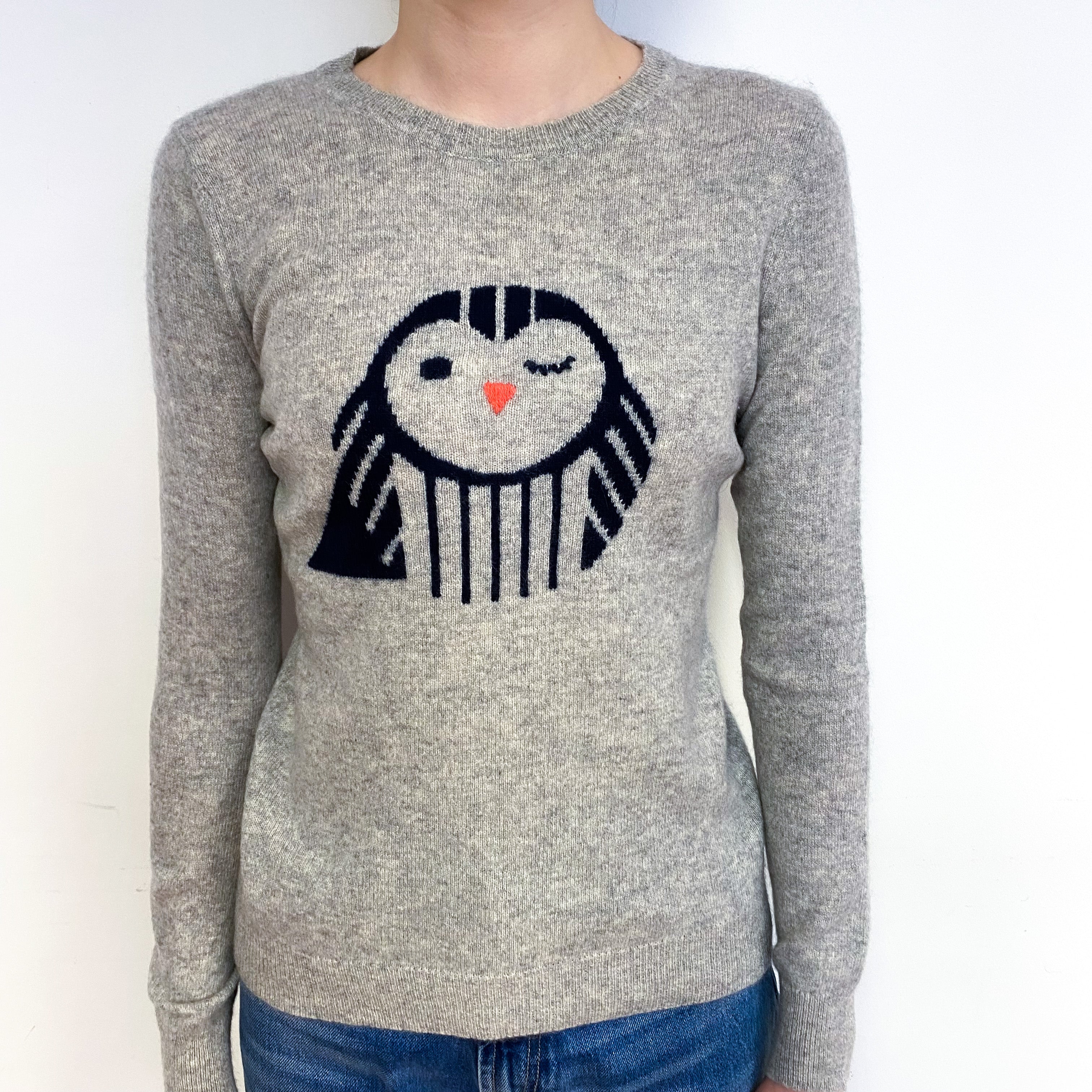 Grey Owl Motif Cashmere Crew Neck Jumper Extra Small