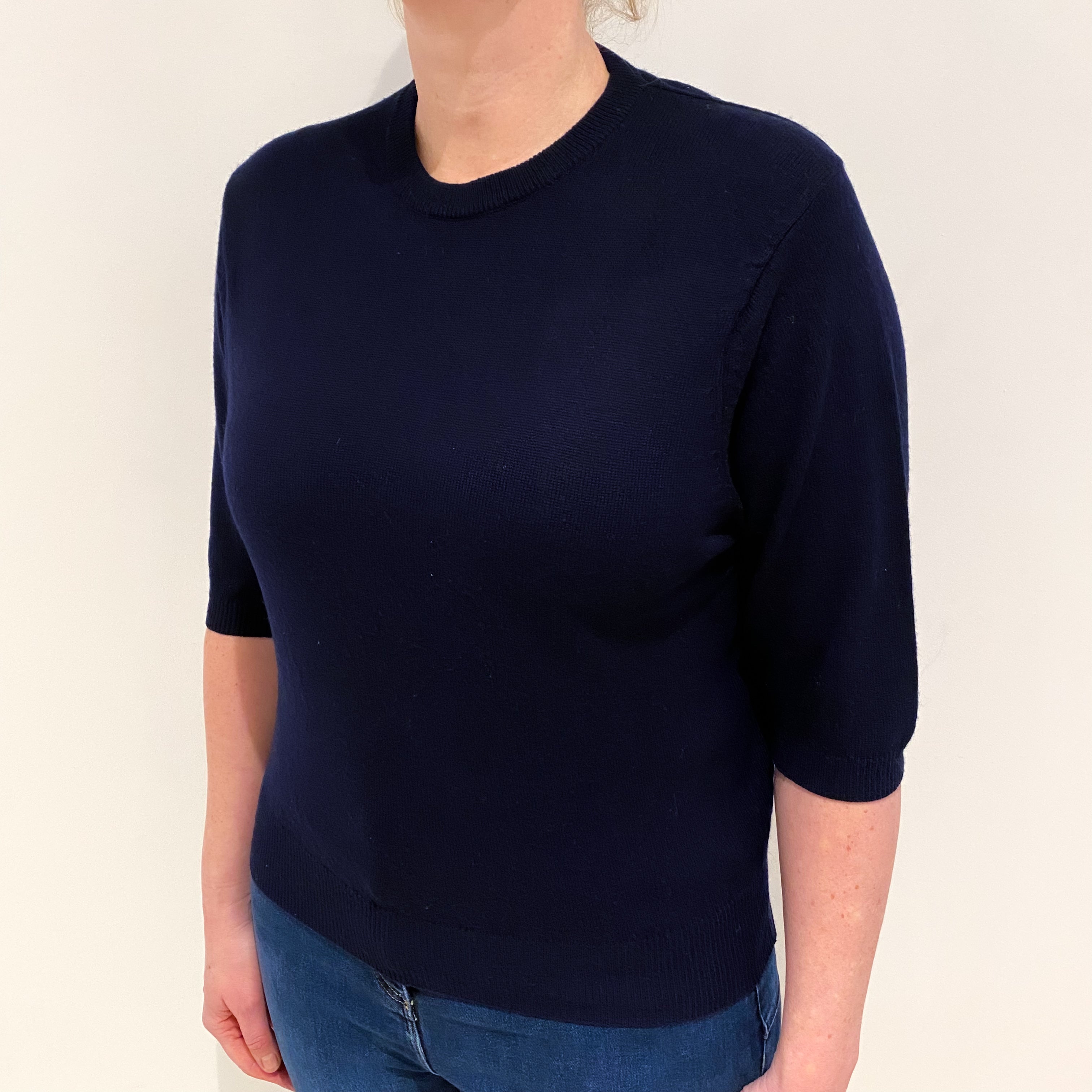 Navy Blue Cashmere Short Sleeved Crew Neck Jumper Large