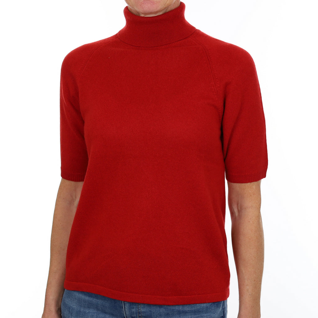 Crimson Red Cashmere Polo Neck Short Sleeved Jumper Small