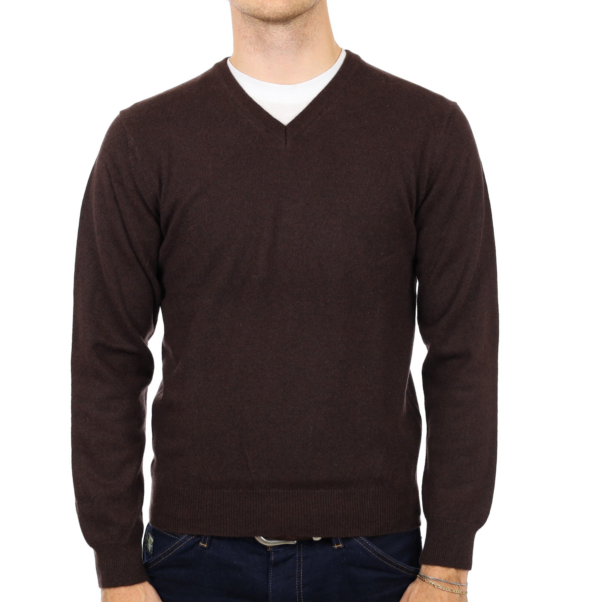 Men's Italian Peppercorn Brown Cashmere V Neck Jumper Medium