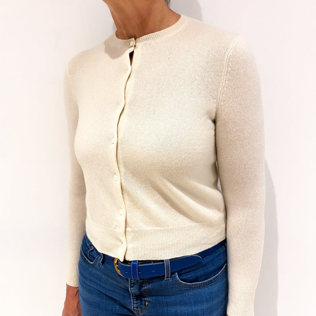 Ivory Cream Cashmere Cropped Crew Neck Cardigan Medium
