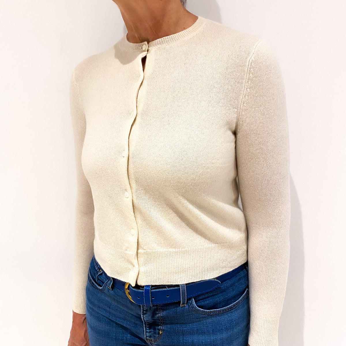 Ivory Cream Cashmere Cropped Crew Neck Cardigan Medium