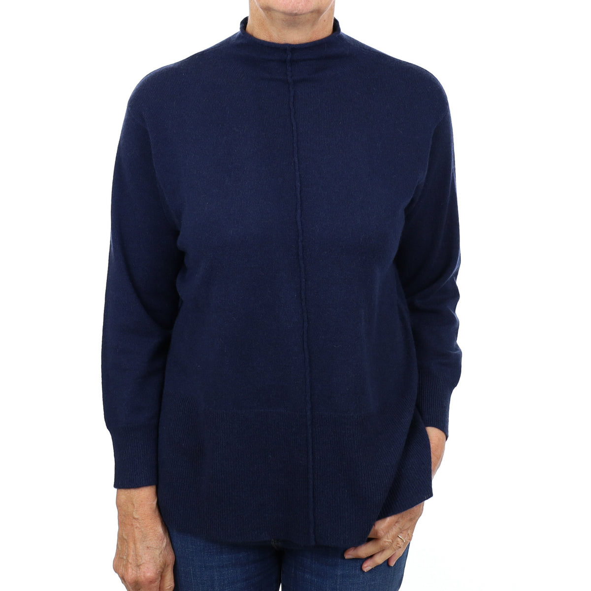 Navy Blue Cashmere Longline Funnel Neck Jumper Medium