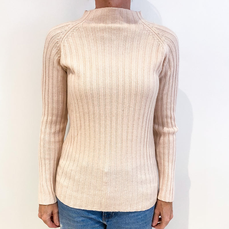 Oyster Pink Rib Cashmere Turtle Neck Jumper Small