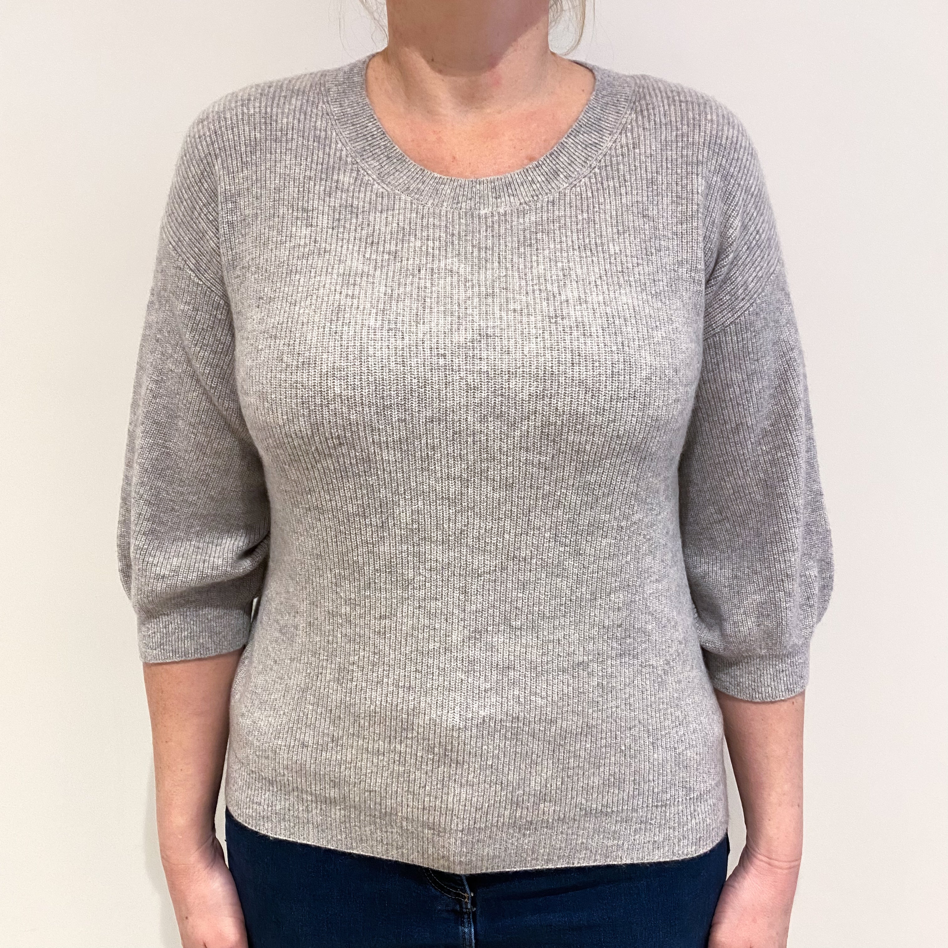 Smoke Grey Cashmere 3/4 Sleeved Crew Neck Jumper Large