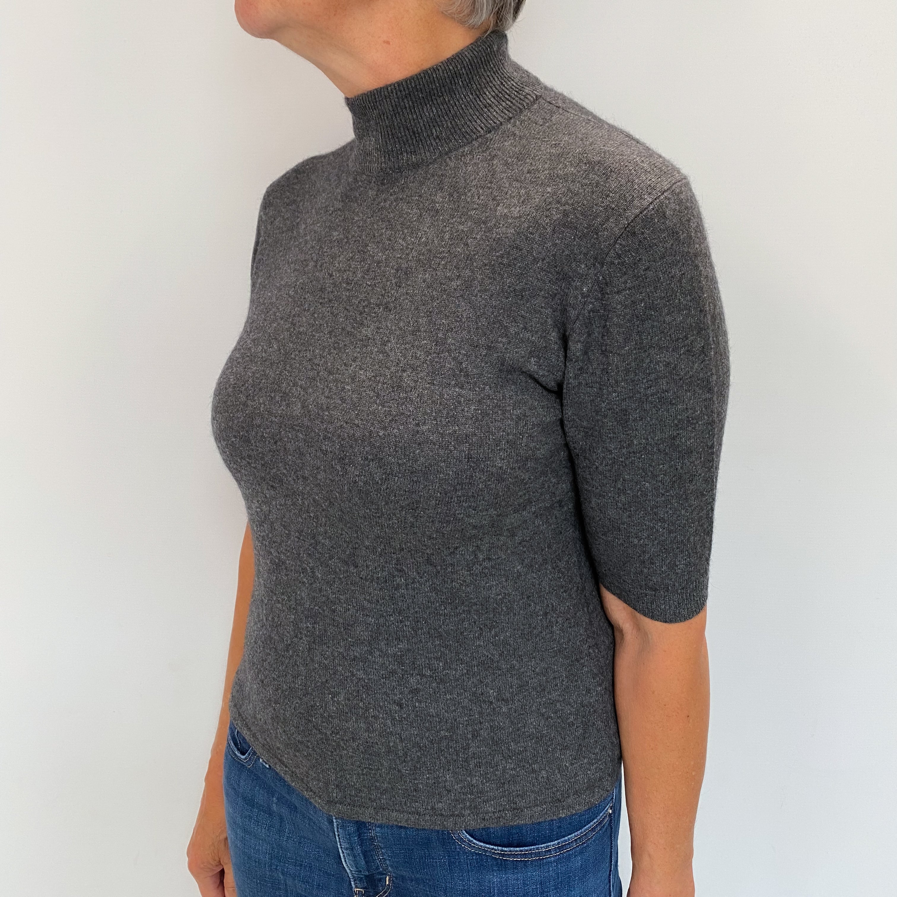 Charcoal Grey Cashmere Short Sleeved Turtle Neck Jumper Medium