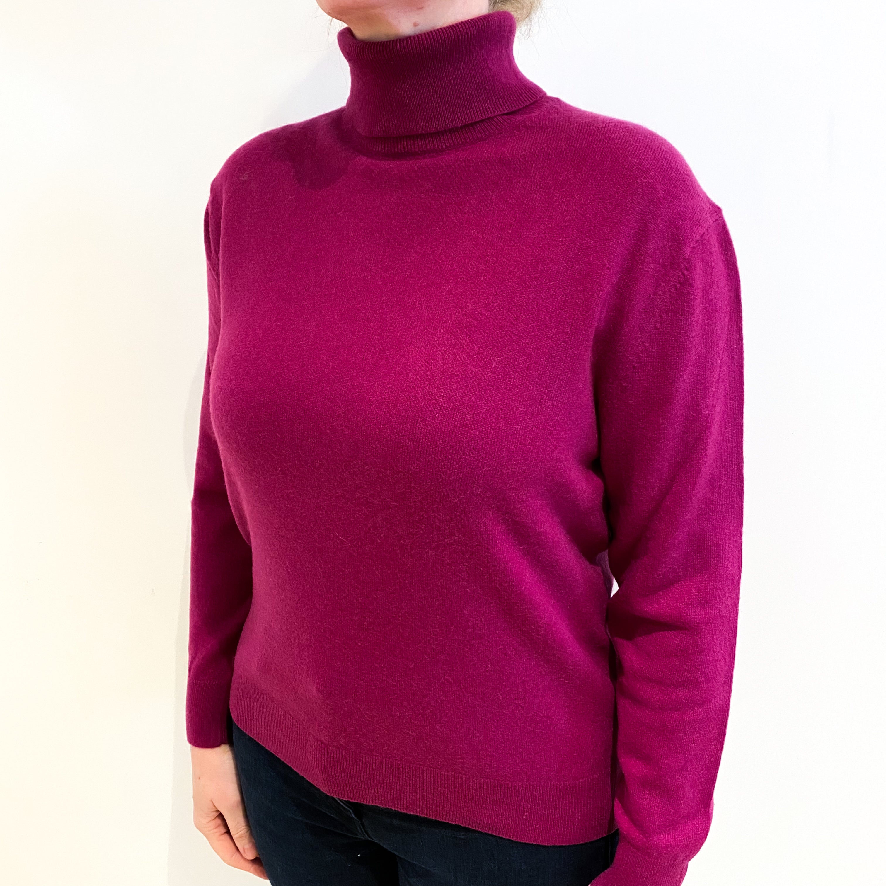 Magenta Pink Cashmere Polo Neck Jumper Large