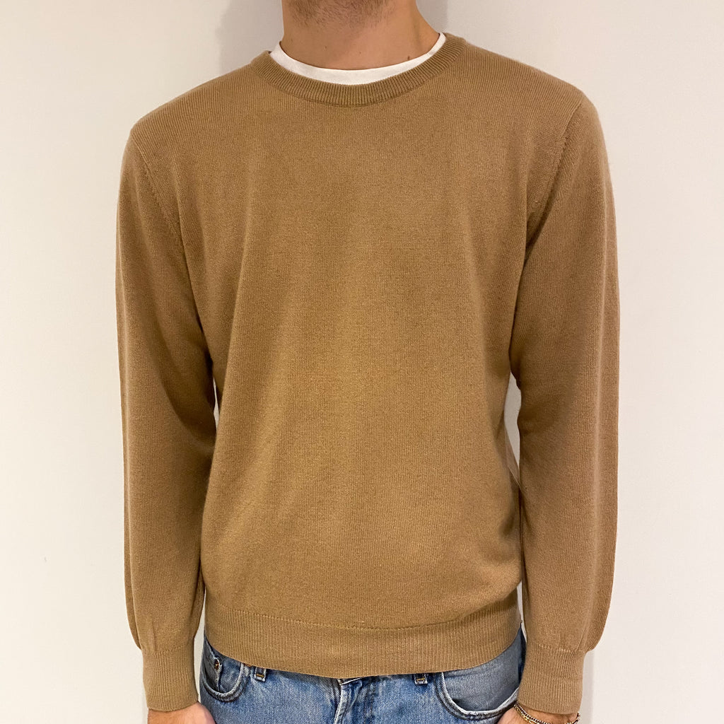 Men's Camel Brown Cashmere Crew Neck Jumper Large