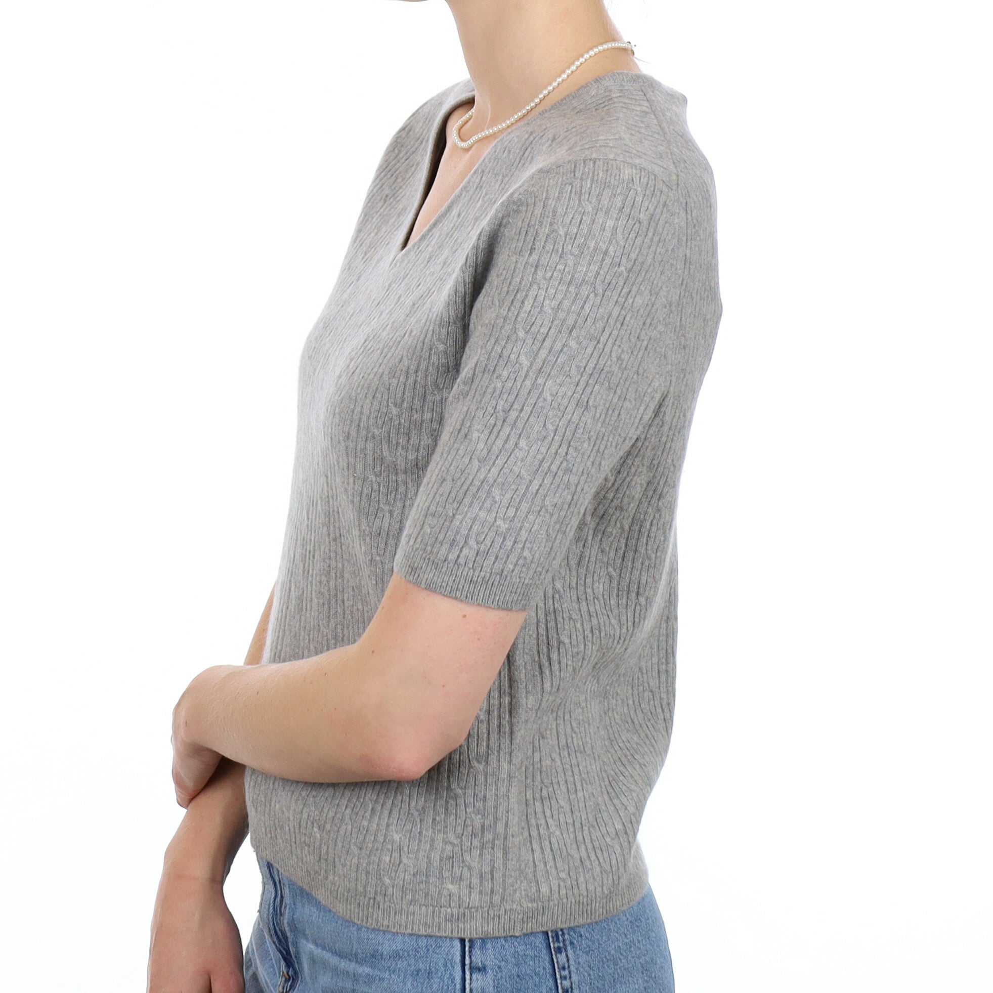 Smoke Grey Cable Cashmere Short Sleeve V Neck Jumper Small