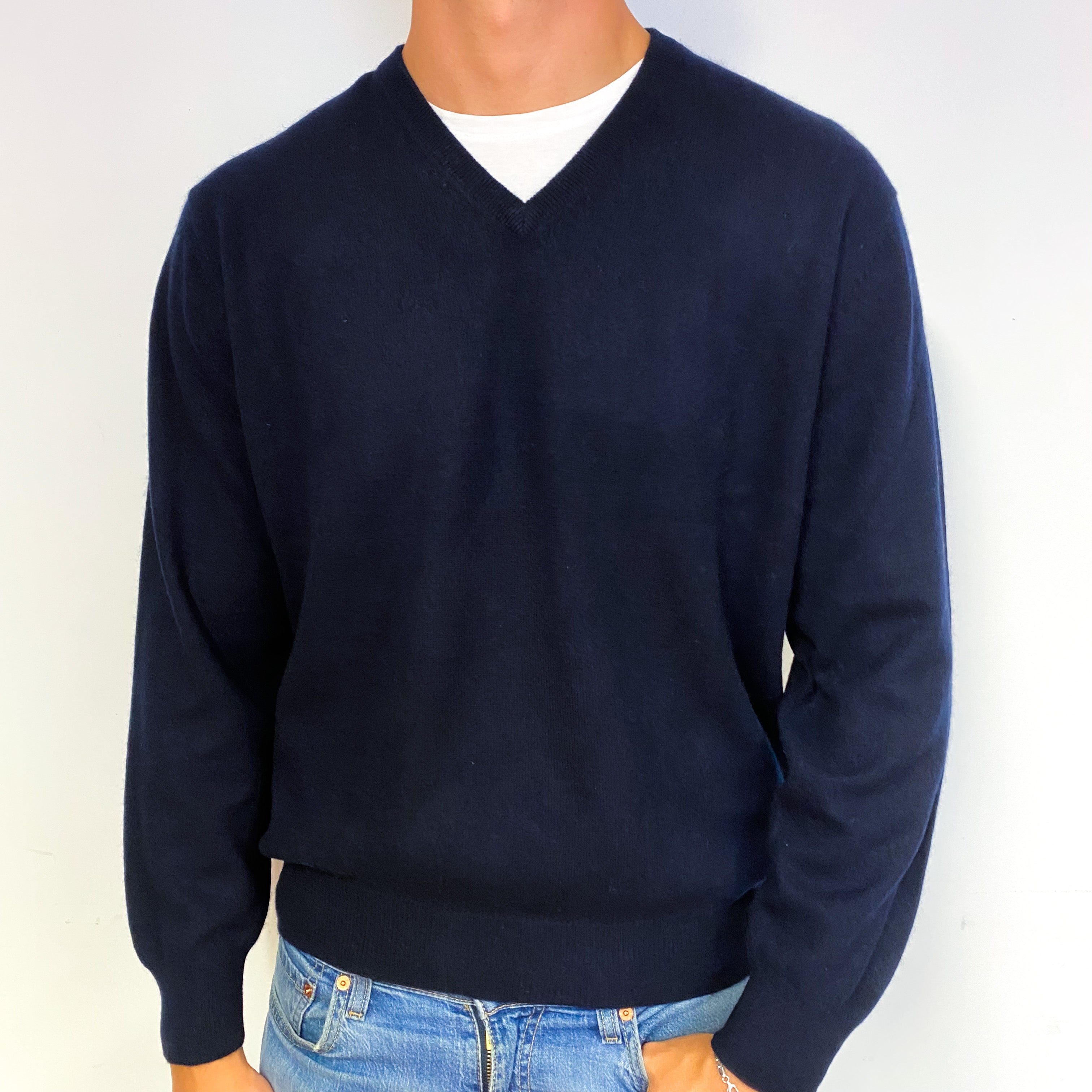 Men's Navy Blue Cashmere V-Neck Jumper Extra Large