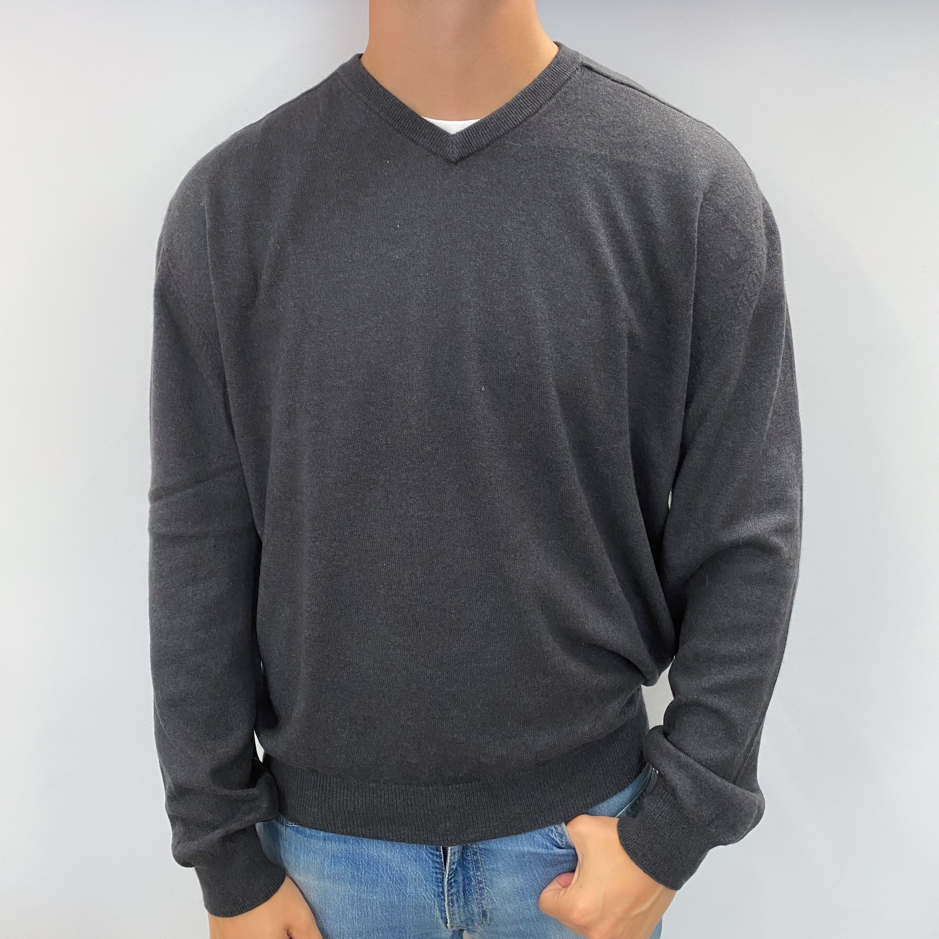 Men's Charcoal Grey Cashmere V Neck Jumper XXL
