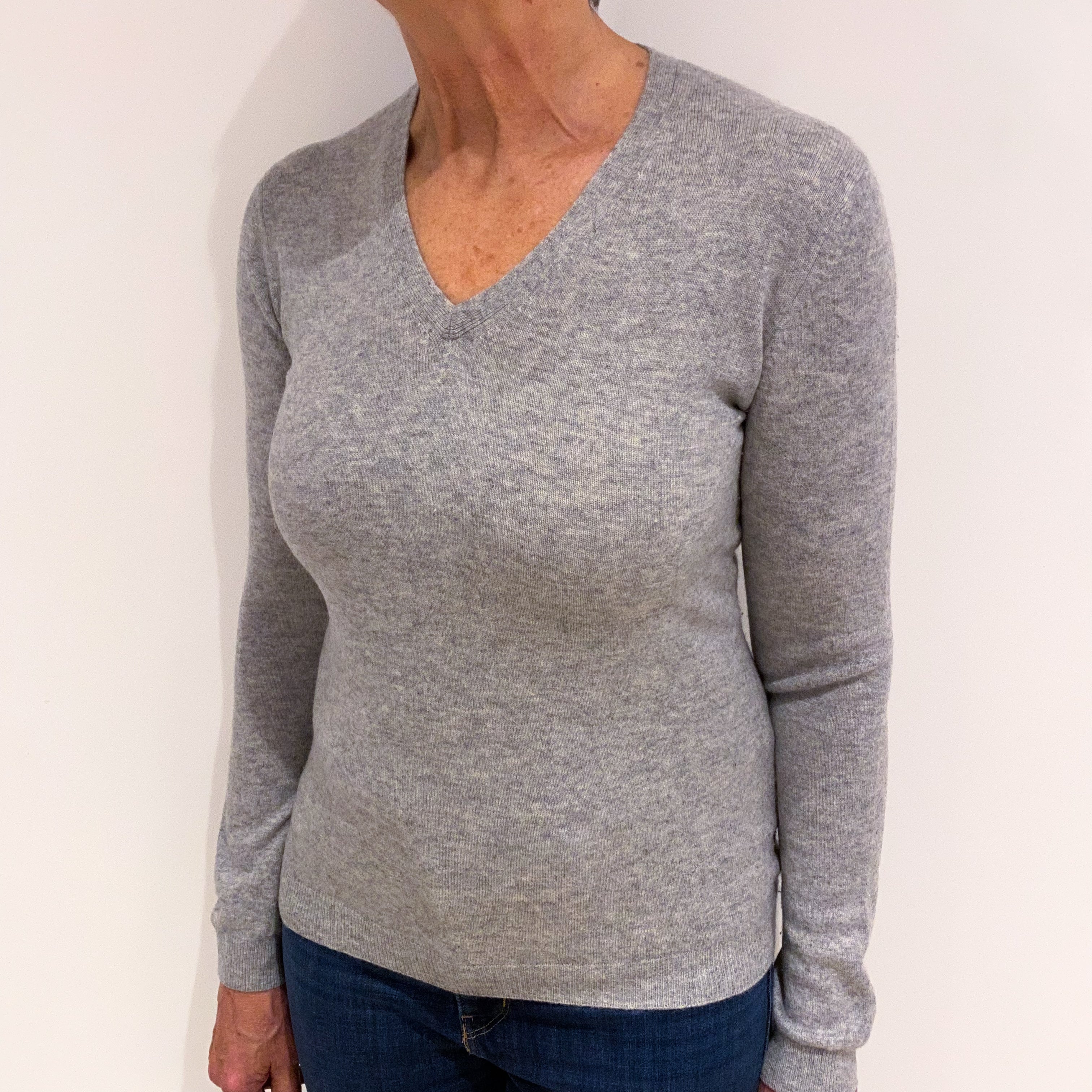 Smoke Grey Cashmere V Neck Jumper Medium