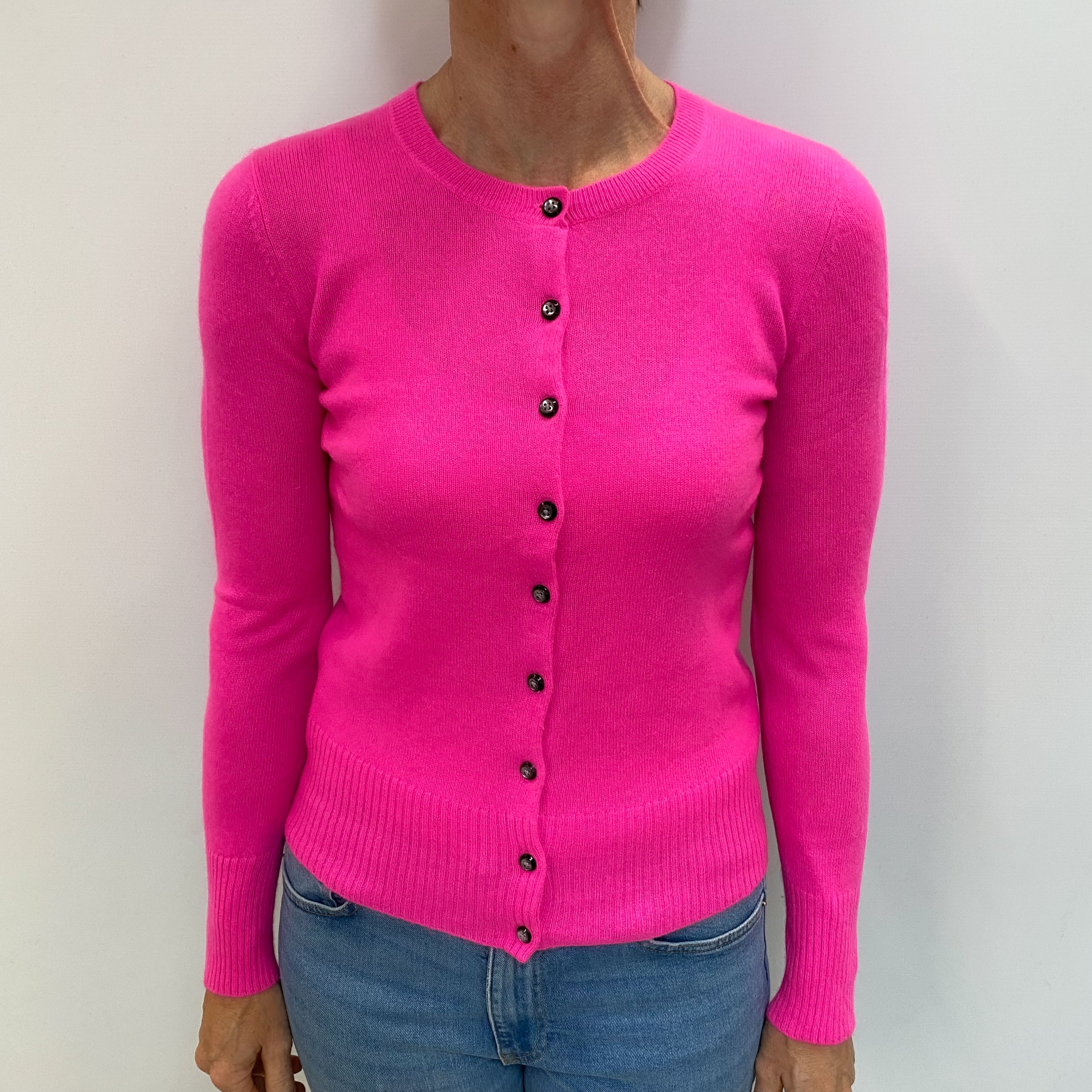 Neon Pink Cashmere Crew Neck Cardigan Small
