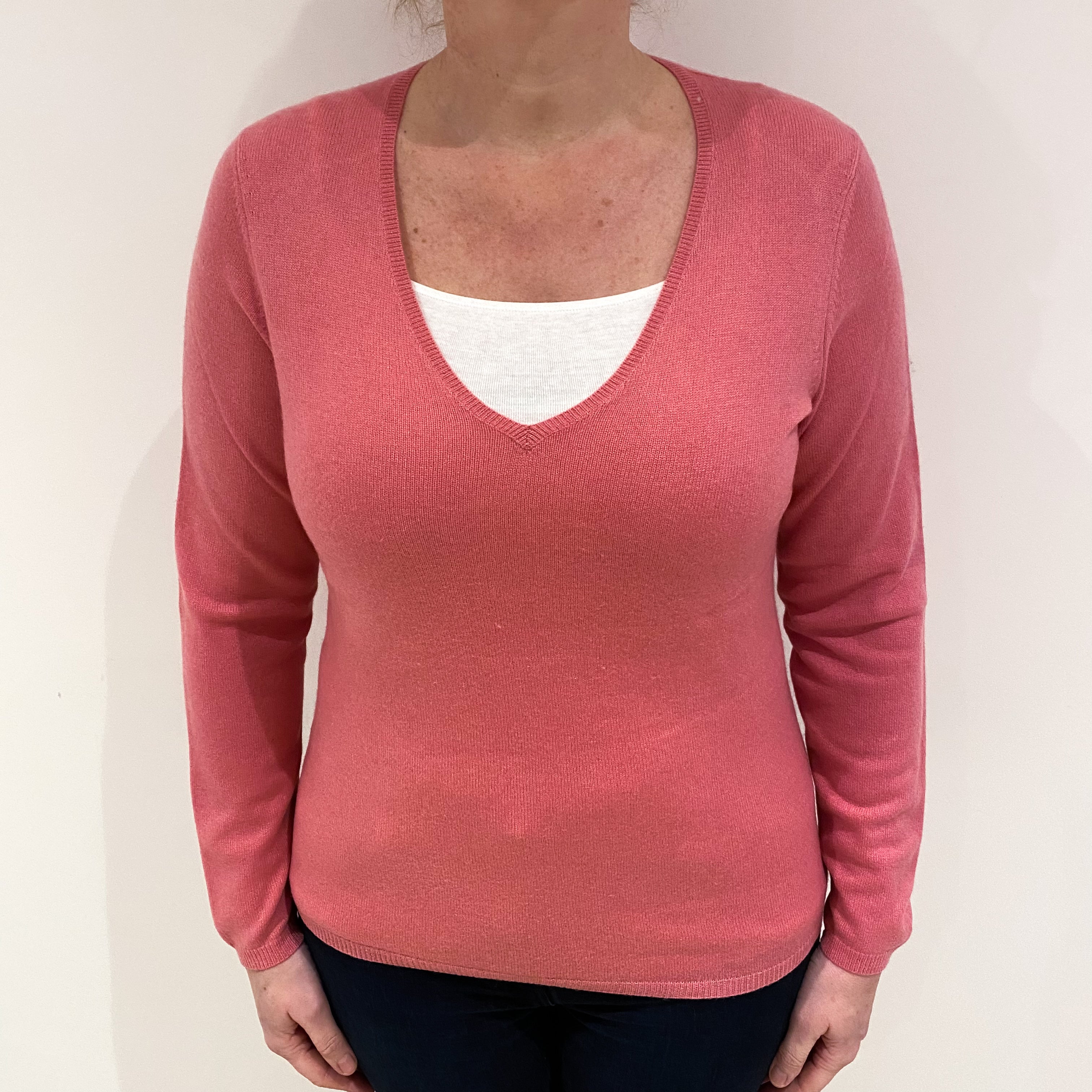 Pale Rose Pink Cashmere V Neck Jumper Large