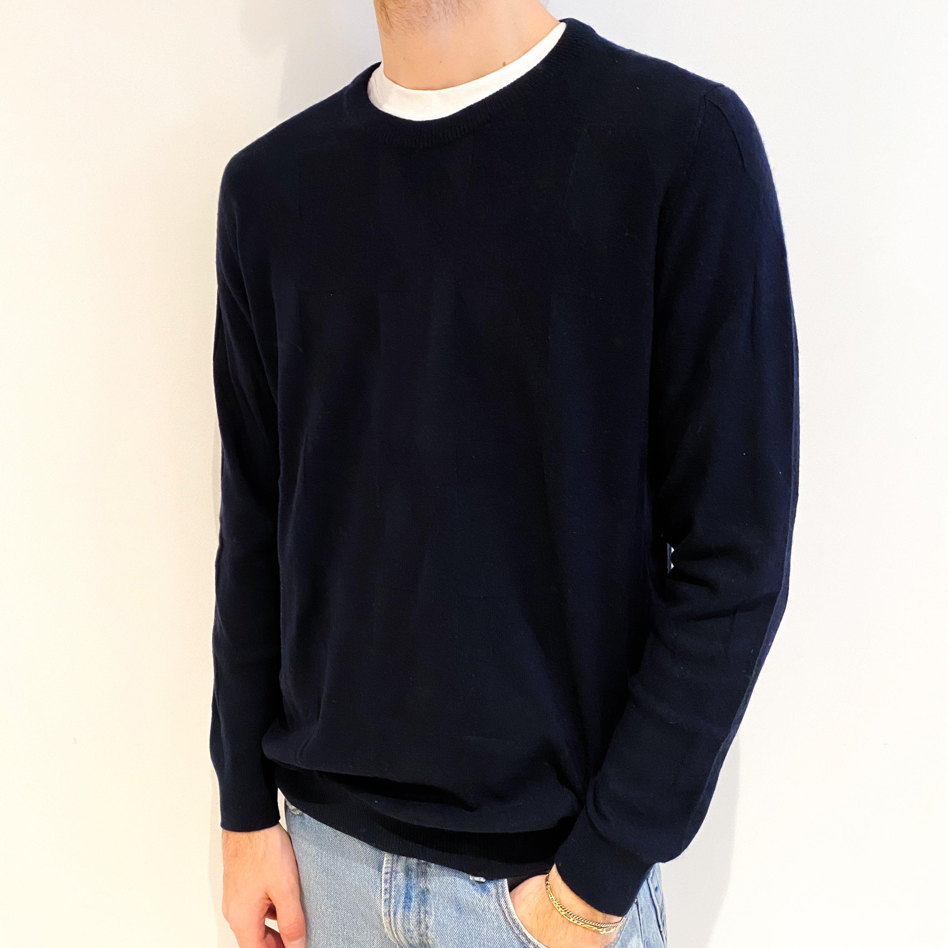 Men's Dark Navy Dog Tooth Texture Cashmere Crew Neck Jumper Large