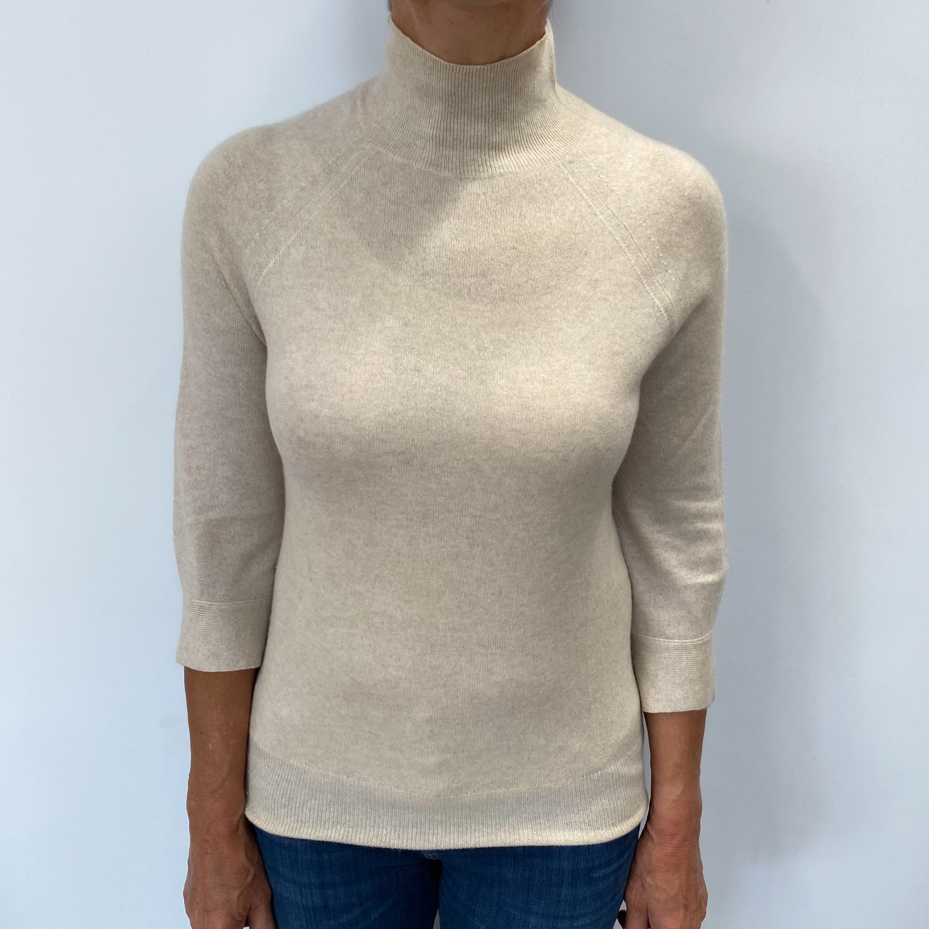 Oatmeal Beige Cashmere Turtle Neck Jumper Medium