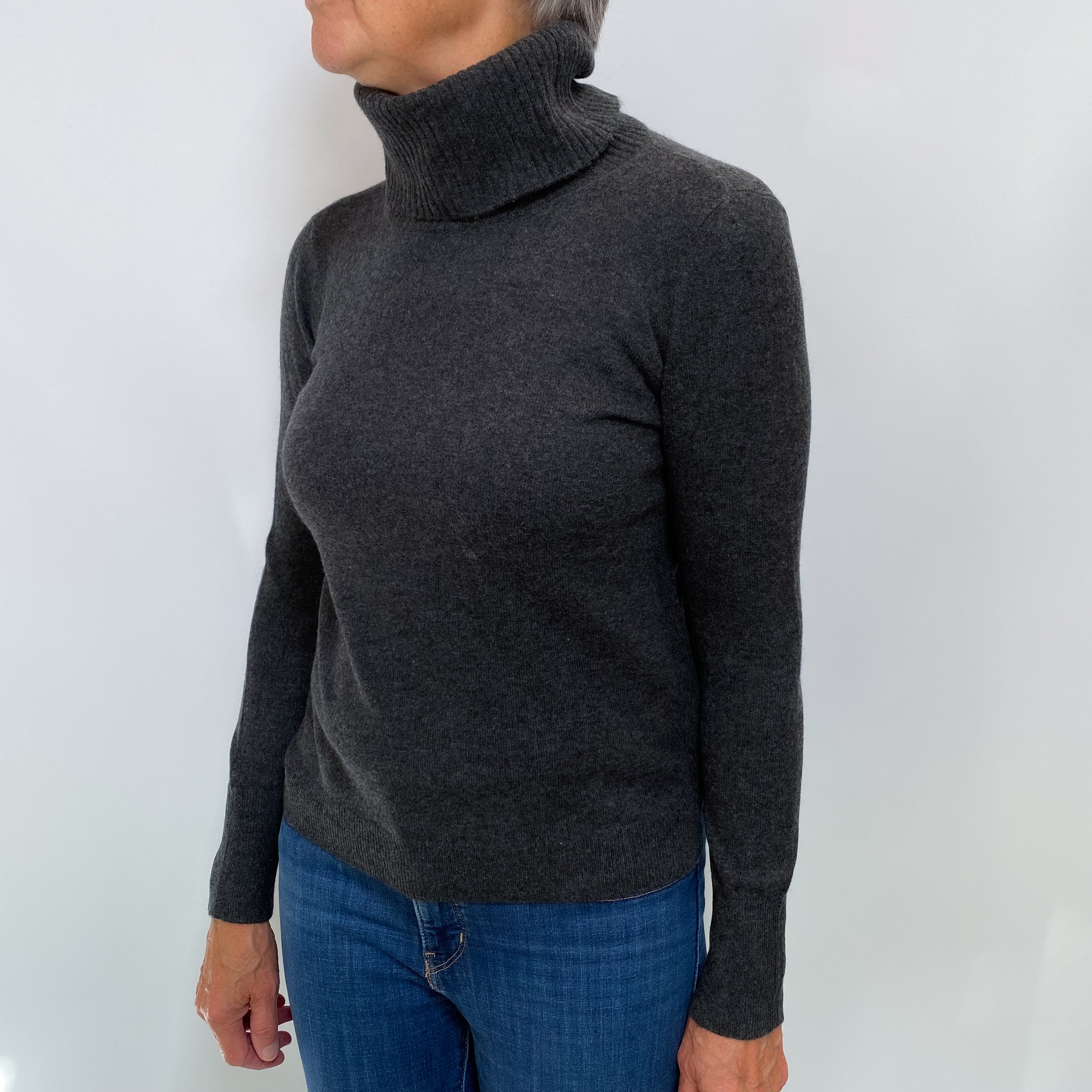 Charcoal Grey Cashmere Polo Neck Jumper Medium