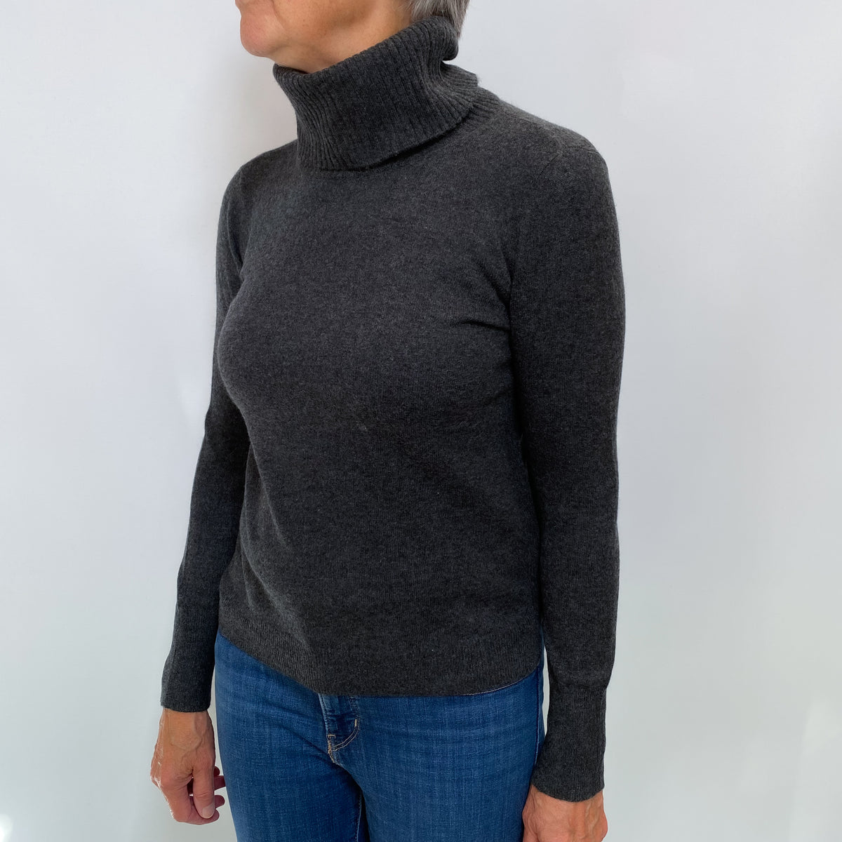Charcoal Grey Cashmere Polo Neck Jumper Medium