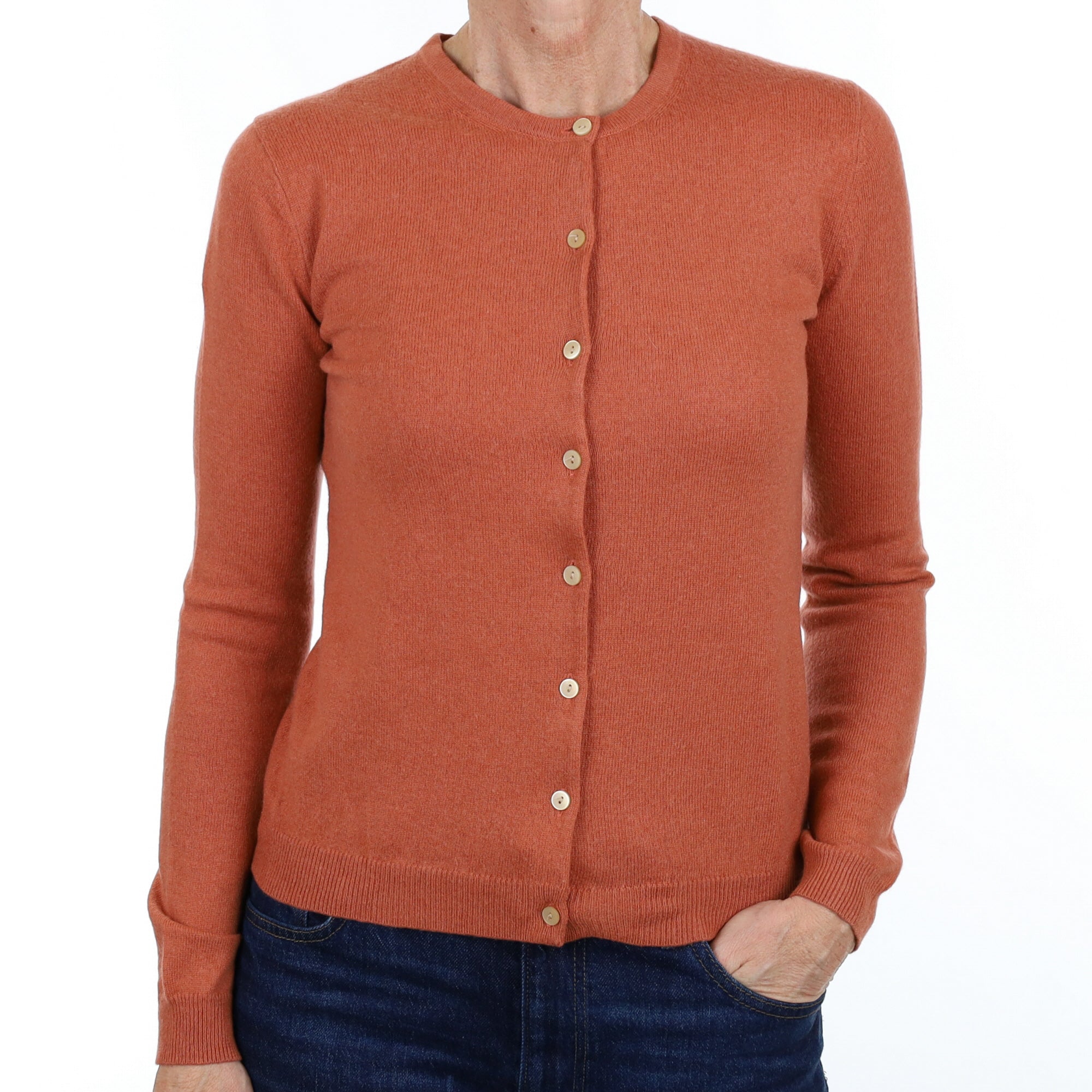 Terracotta Orange Cashmere Crew Neck Cardigan Small