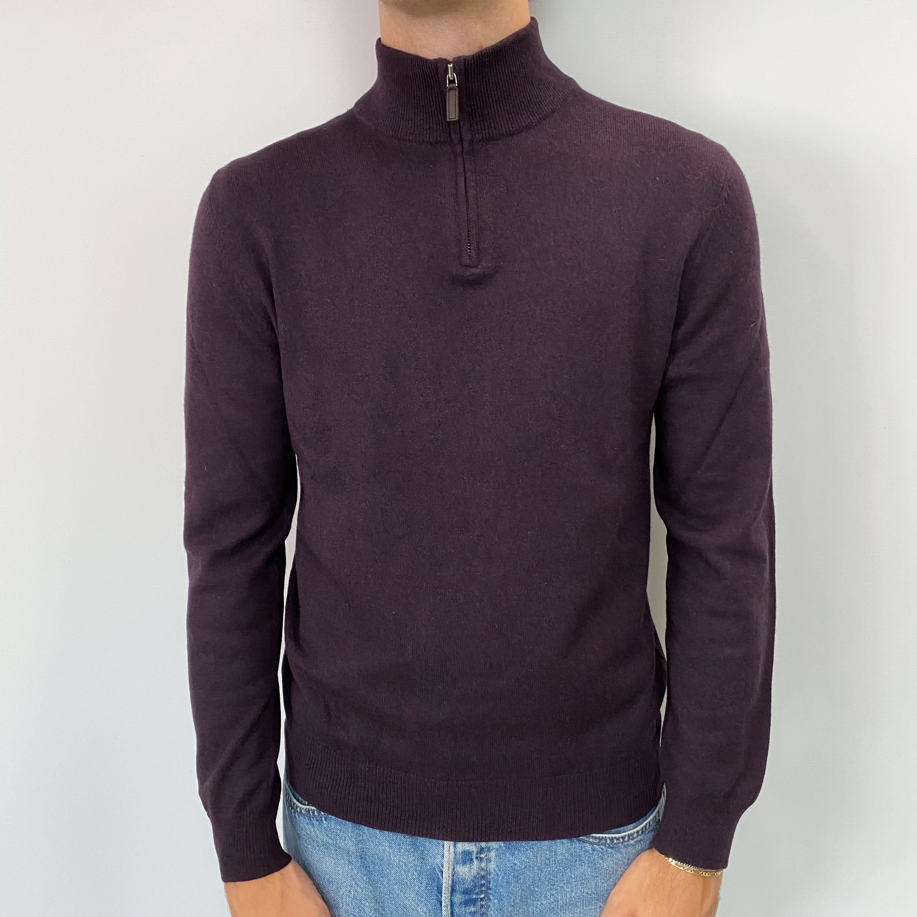 Men's Grape Purple Cashmere Quarter Zip Jumper Medium